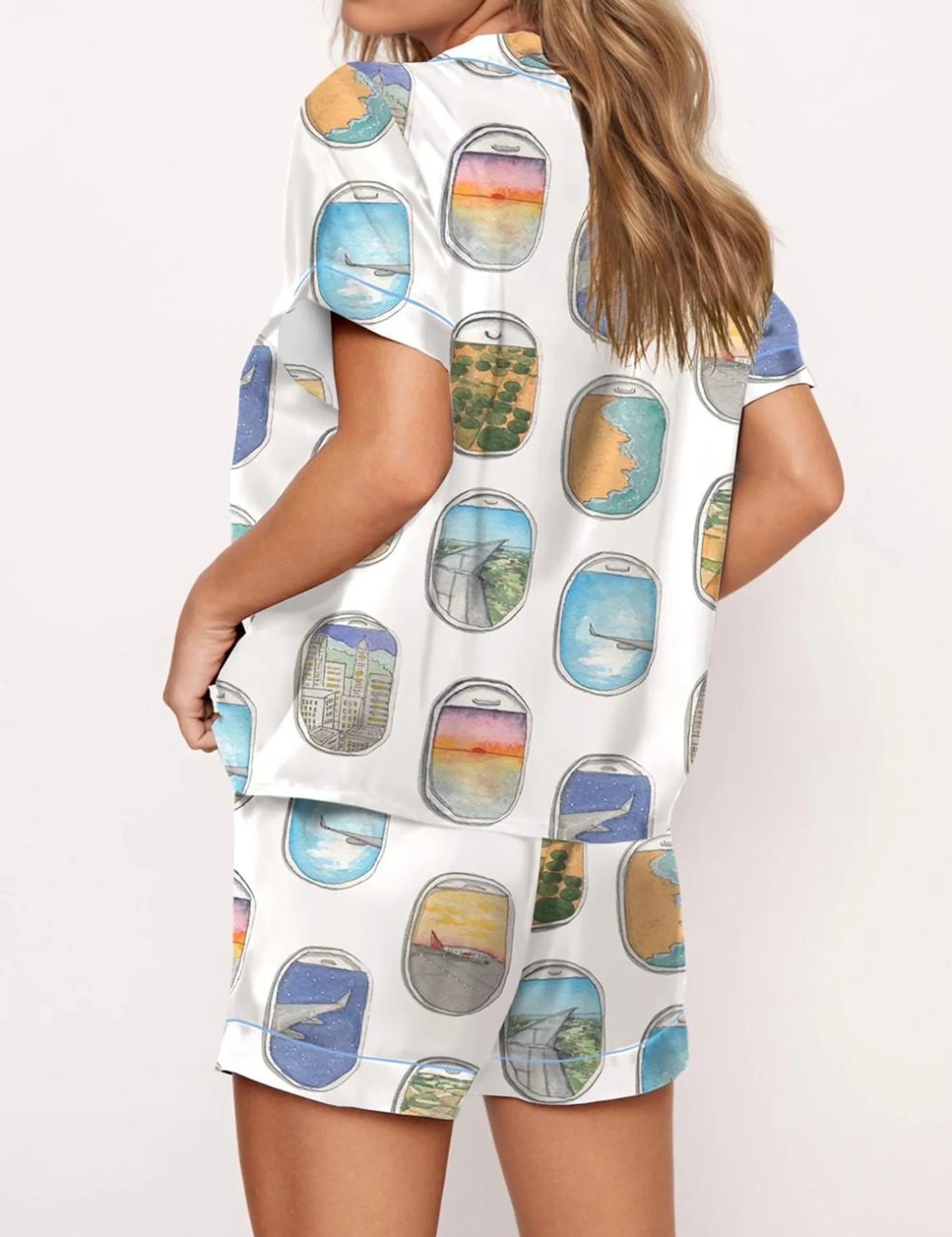 Airplane Window Travel Art Silk Satin Pajama Set