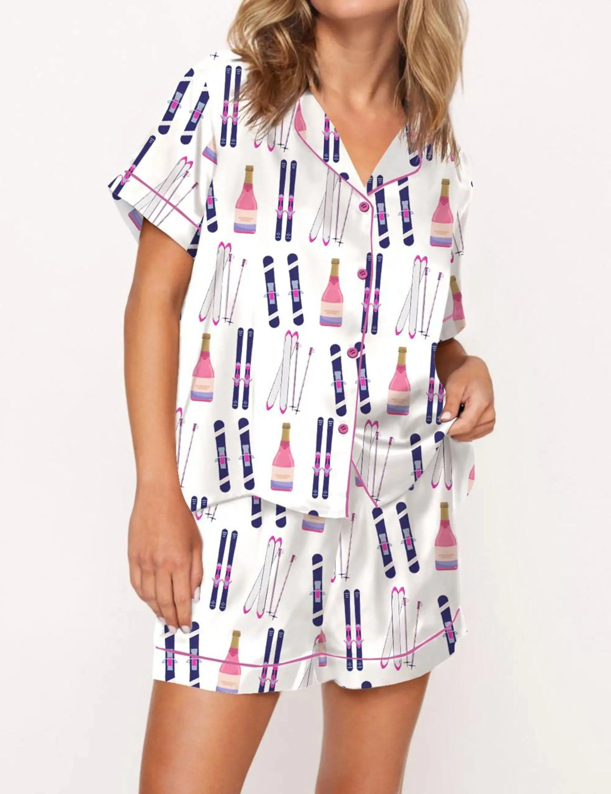 Apres Ski Champagne Print Silk Satin Pajama Set For Women