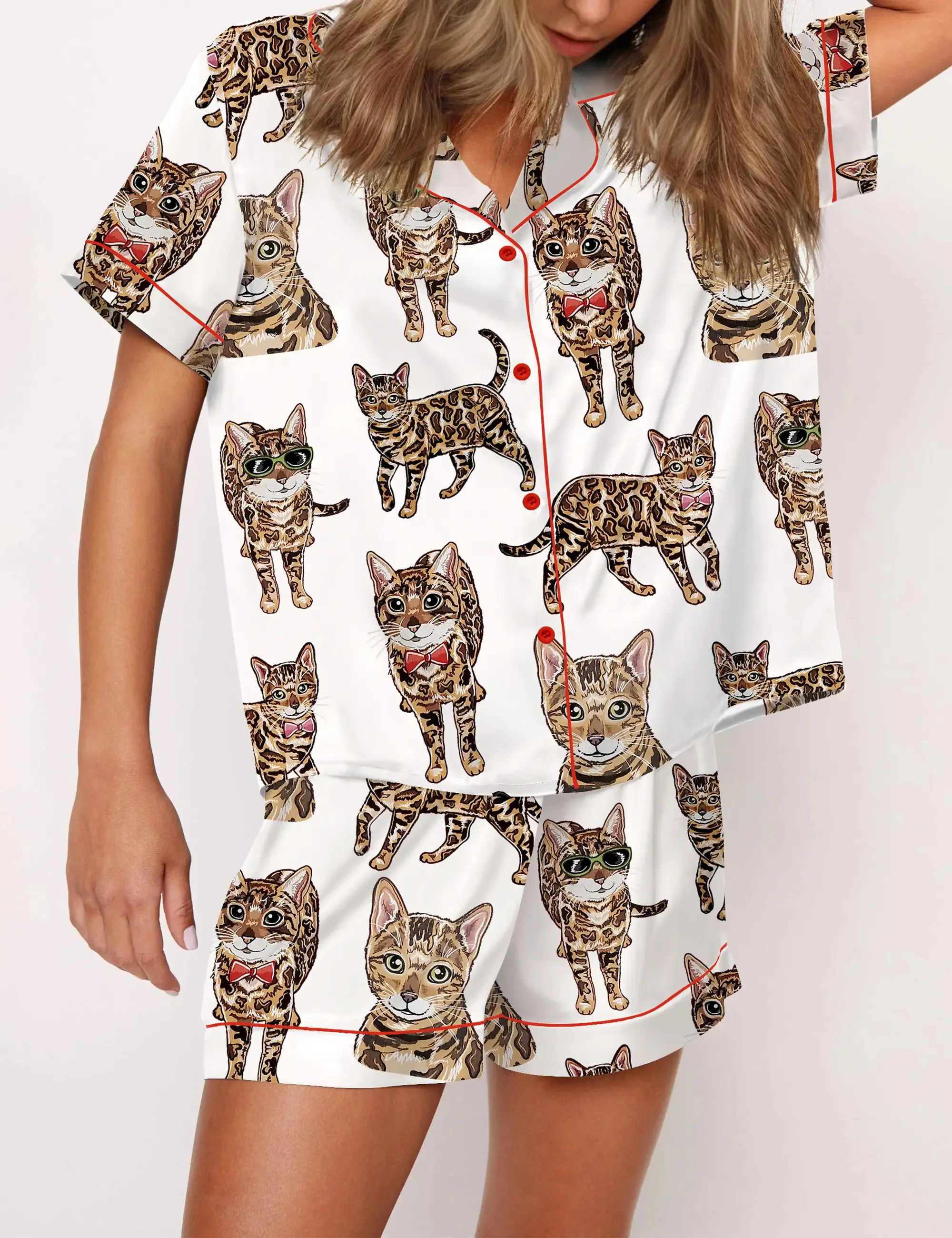 Bengal Cat Silk Satin Pajama Set For Women