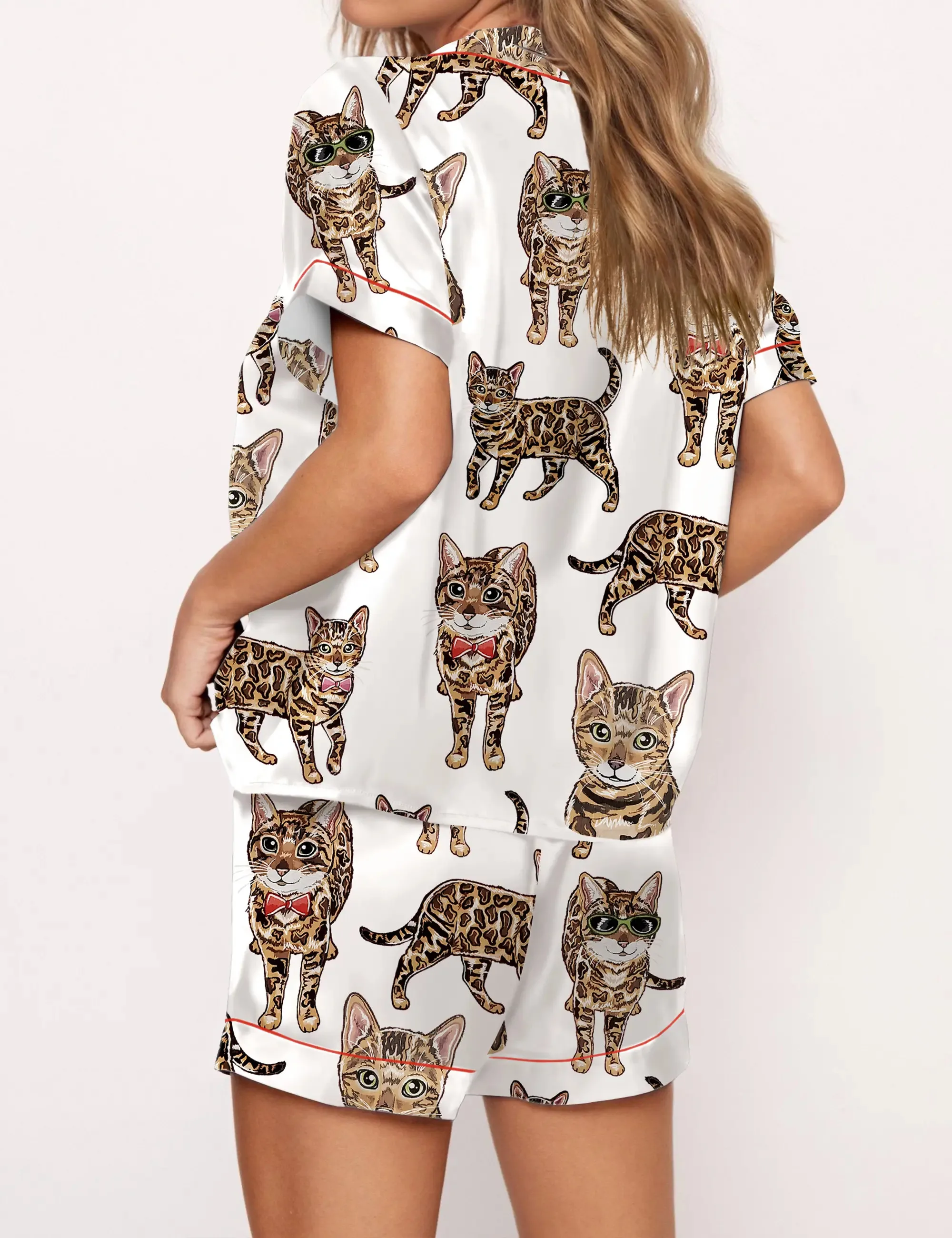 Bengal Cat Silk Satin Pajama Set For Women