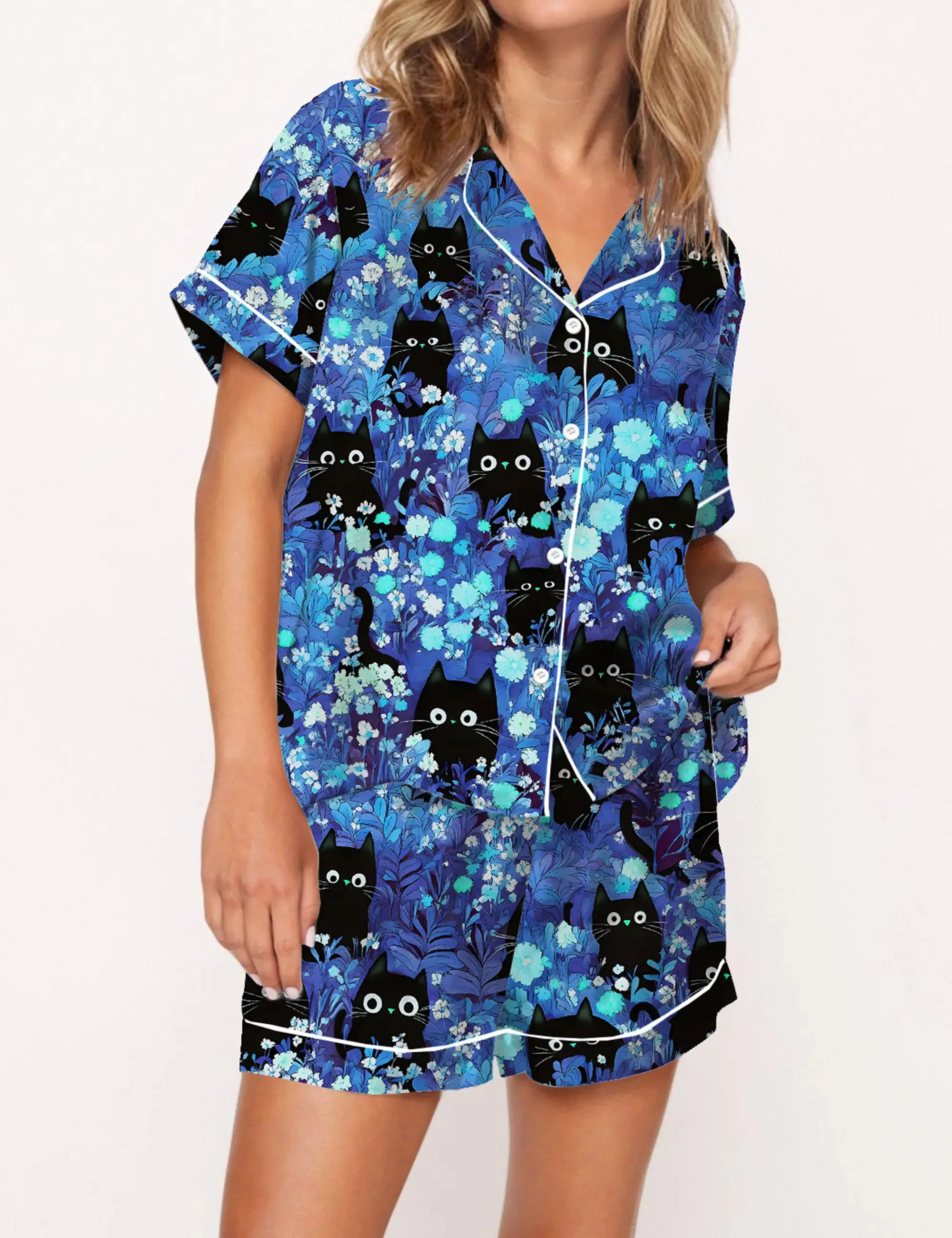 Black Cats Silk Satin Pajama Set For Women