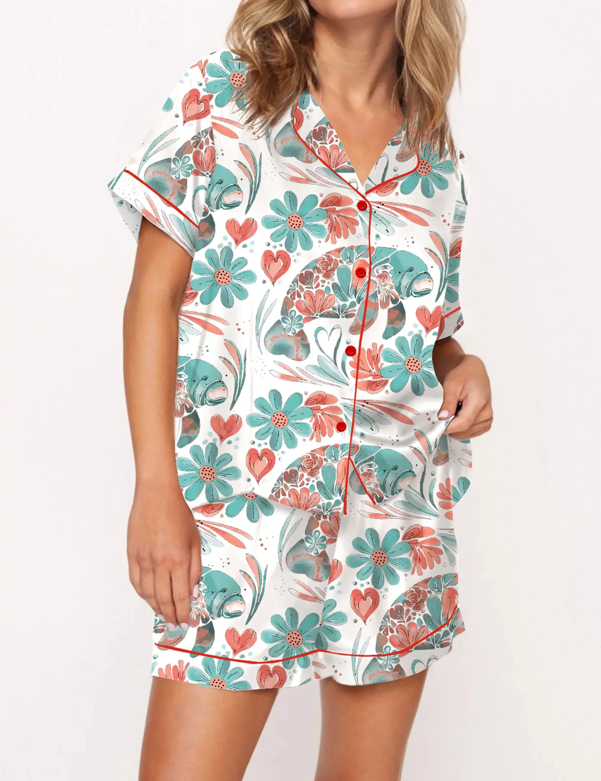 Boho Floral Manatee Silk Satin Pajama Set For Women
