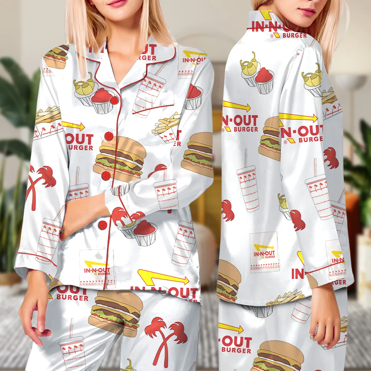 Burger Fast Food Satin Pajamas Set For Women