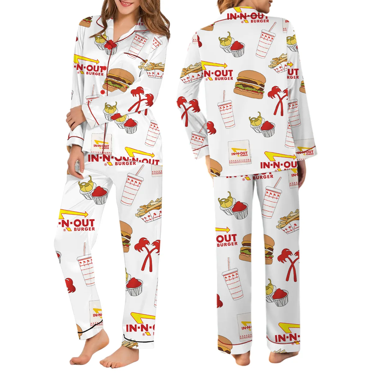 Burger Fast Food Satin Pajamas Set For Women