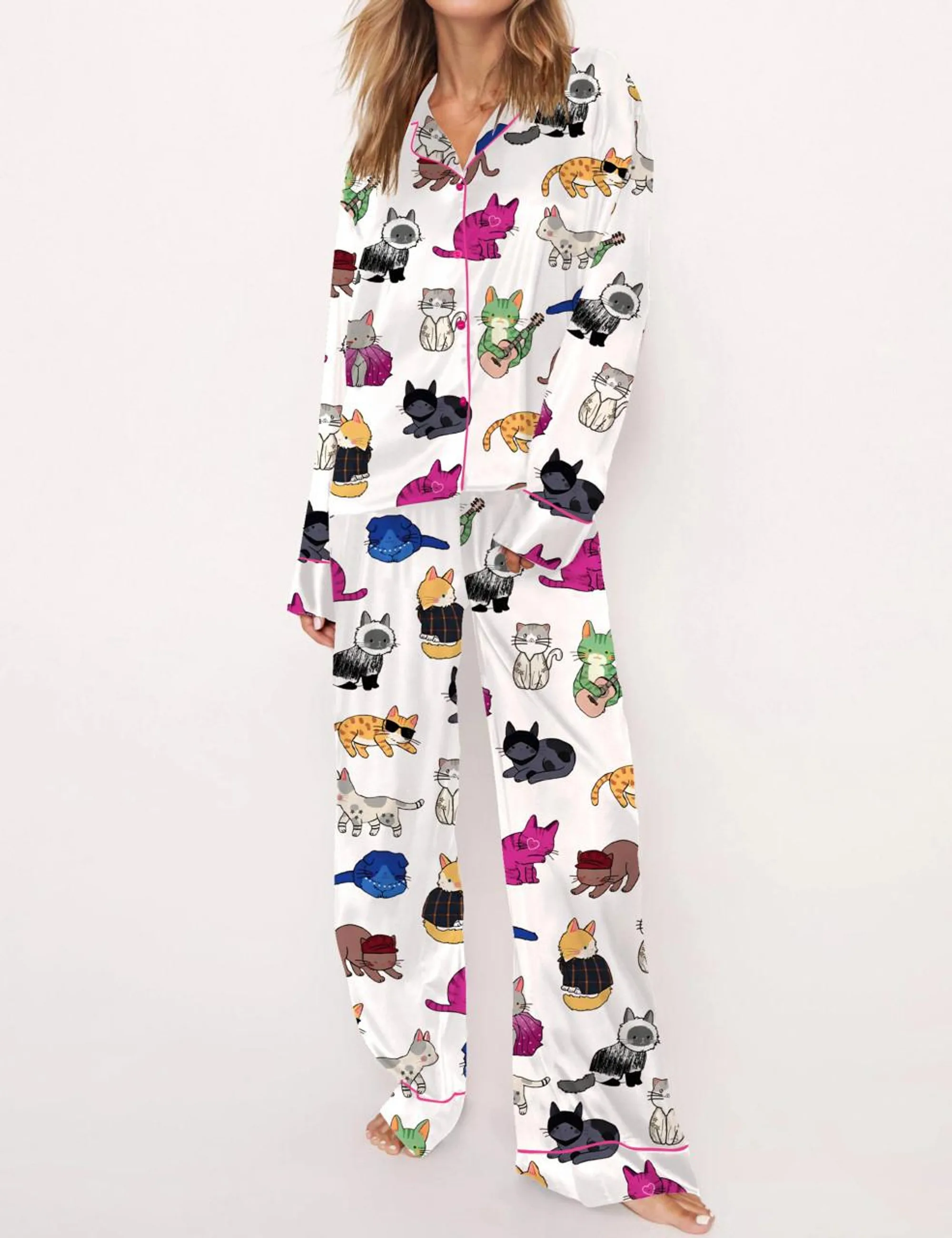 Cat Lovers Silk Satin Pajama Set For Women