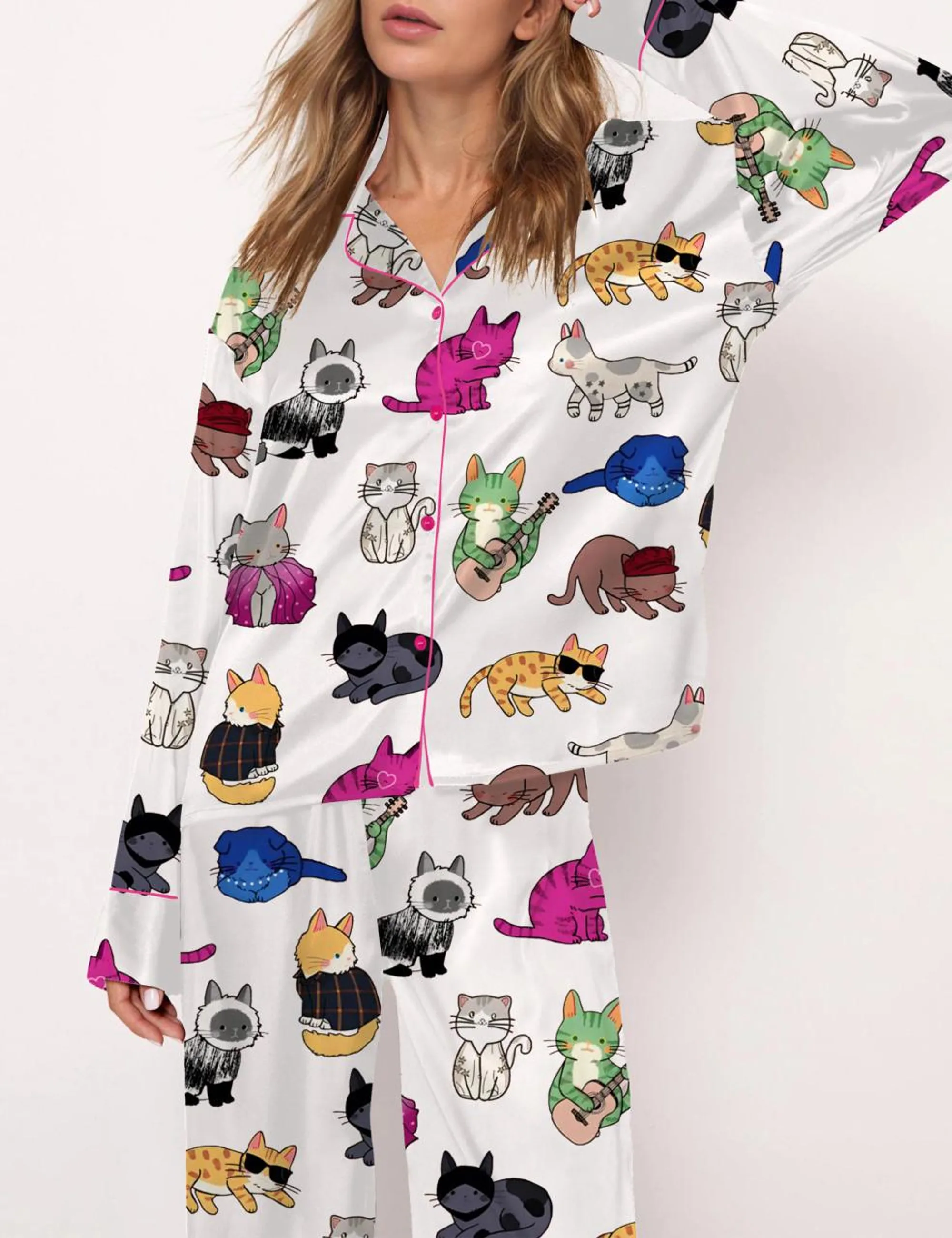 Cat Lovers Silk Satin Pajama Set For Women