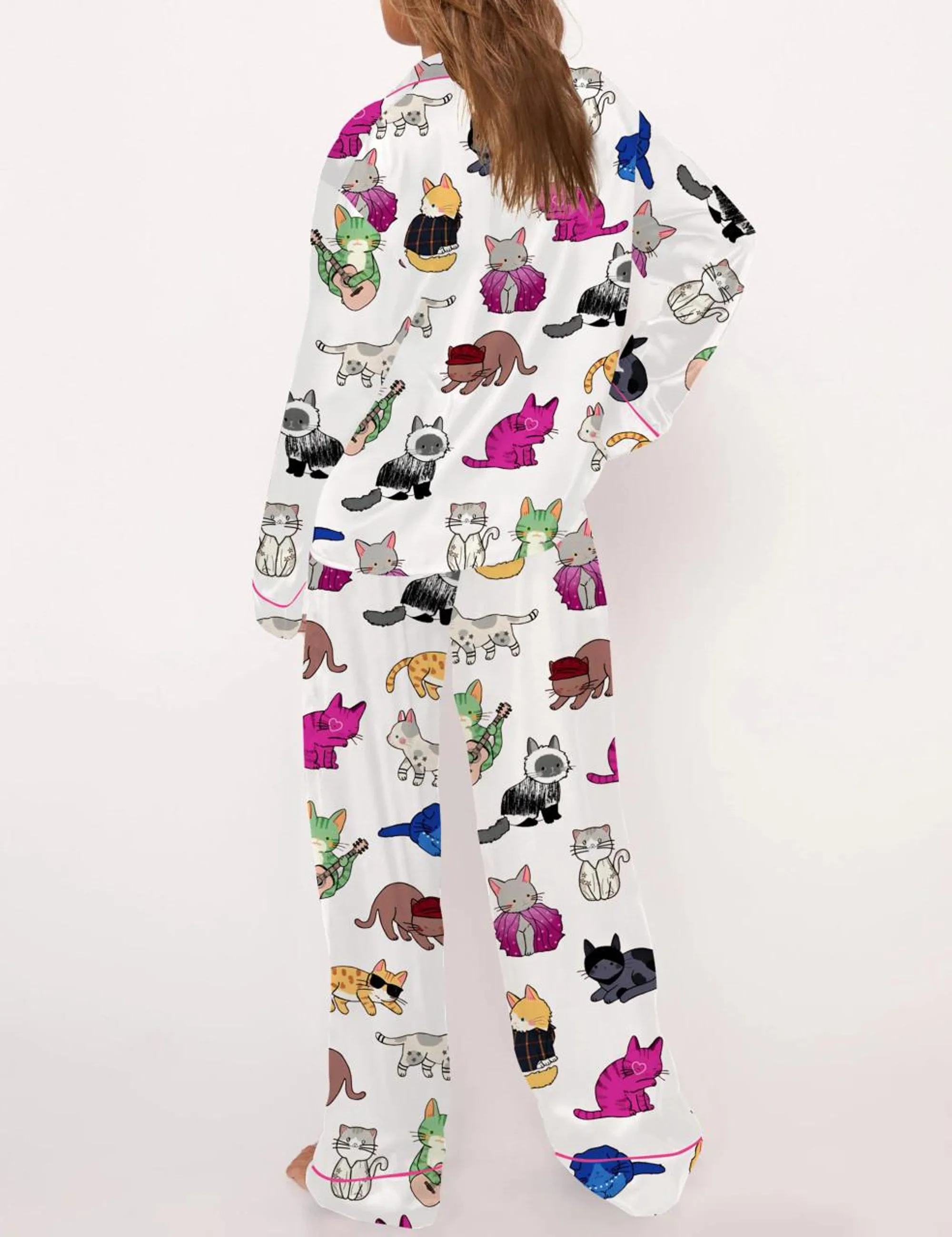 Cat Lovers Silk Satin Pajama Set For Women