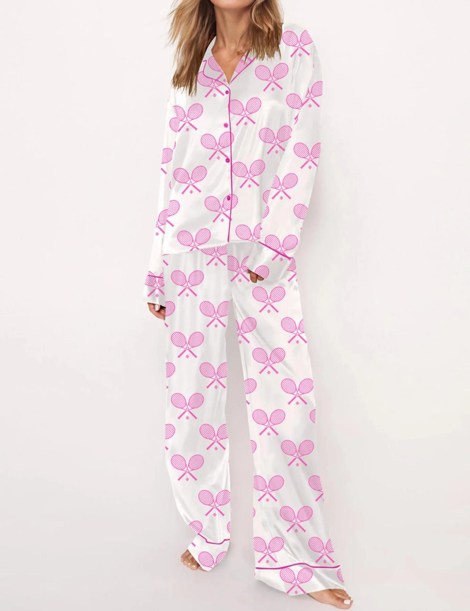 Champagne Tennis Silk Satin Pajama Set For Women