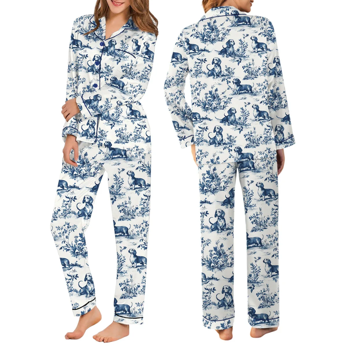 Chinoiserie Dachshund Silky Satin Pajama Set For Women