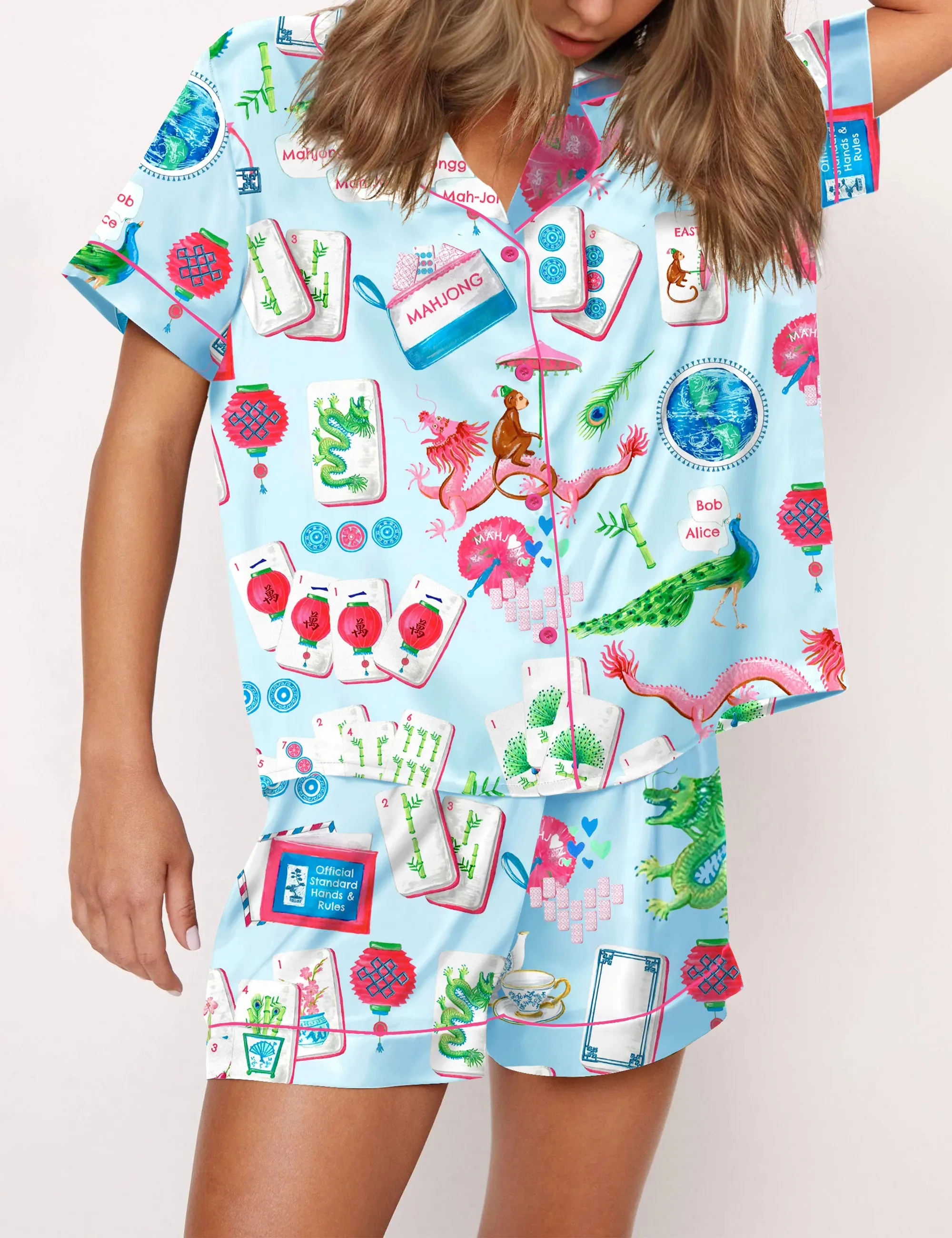Chinoiserie Mahjong Satin Pajama Set For Women