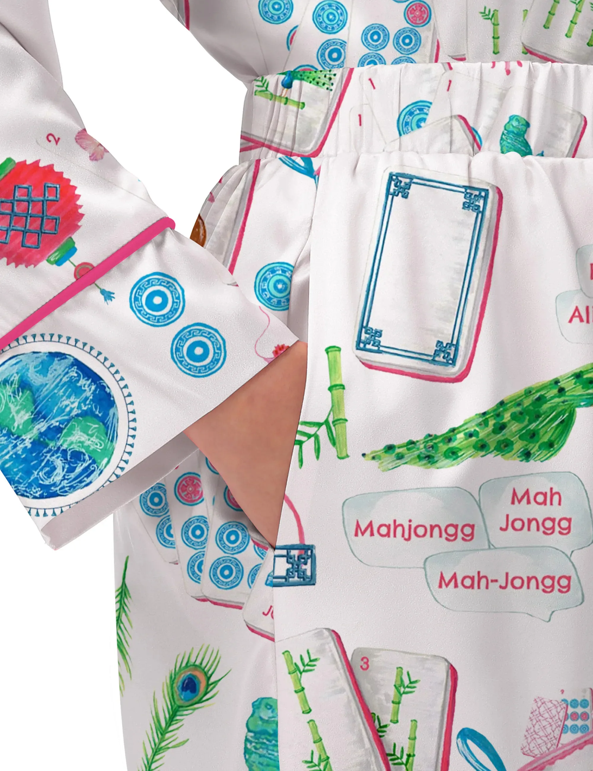 Chinoiserie Mahjong Satin Pajama Set For Women