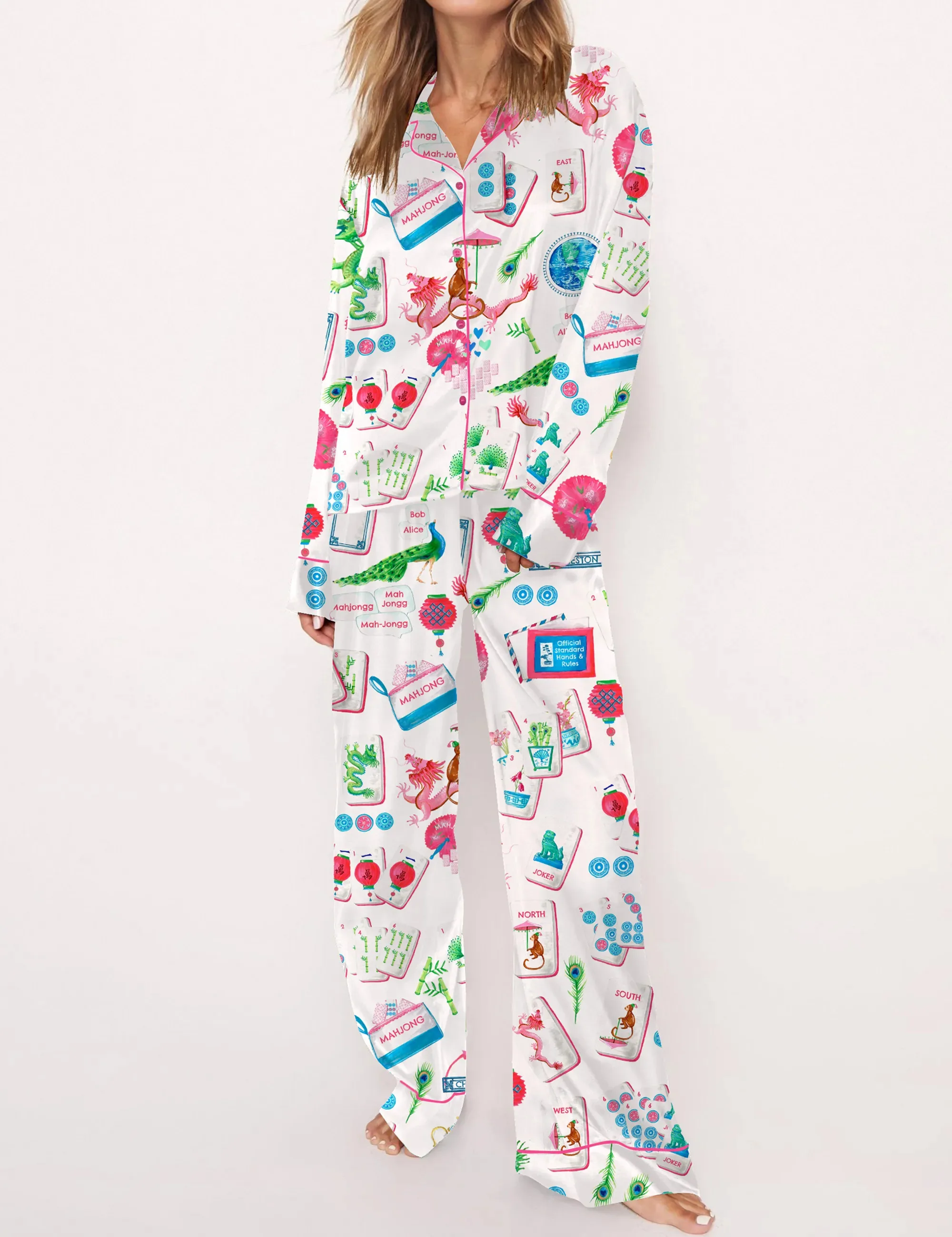 Chinoiserie Mahjong Satin Pajama Set For Women