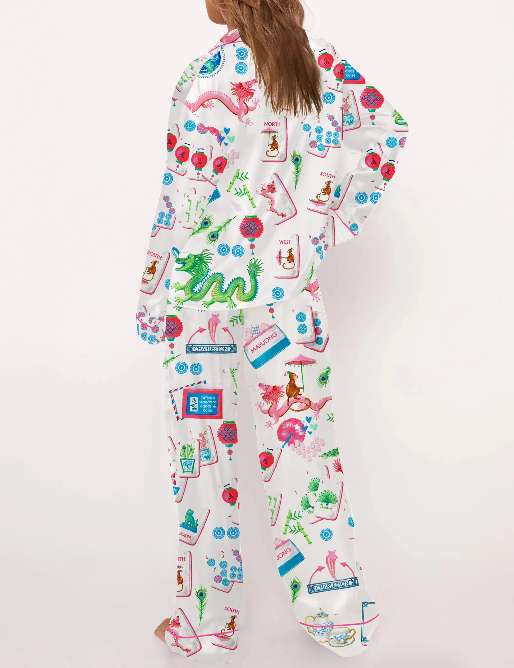 Chinoiserie Mahjong Satin Pajama Set For Women