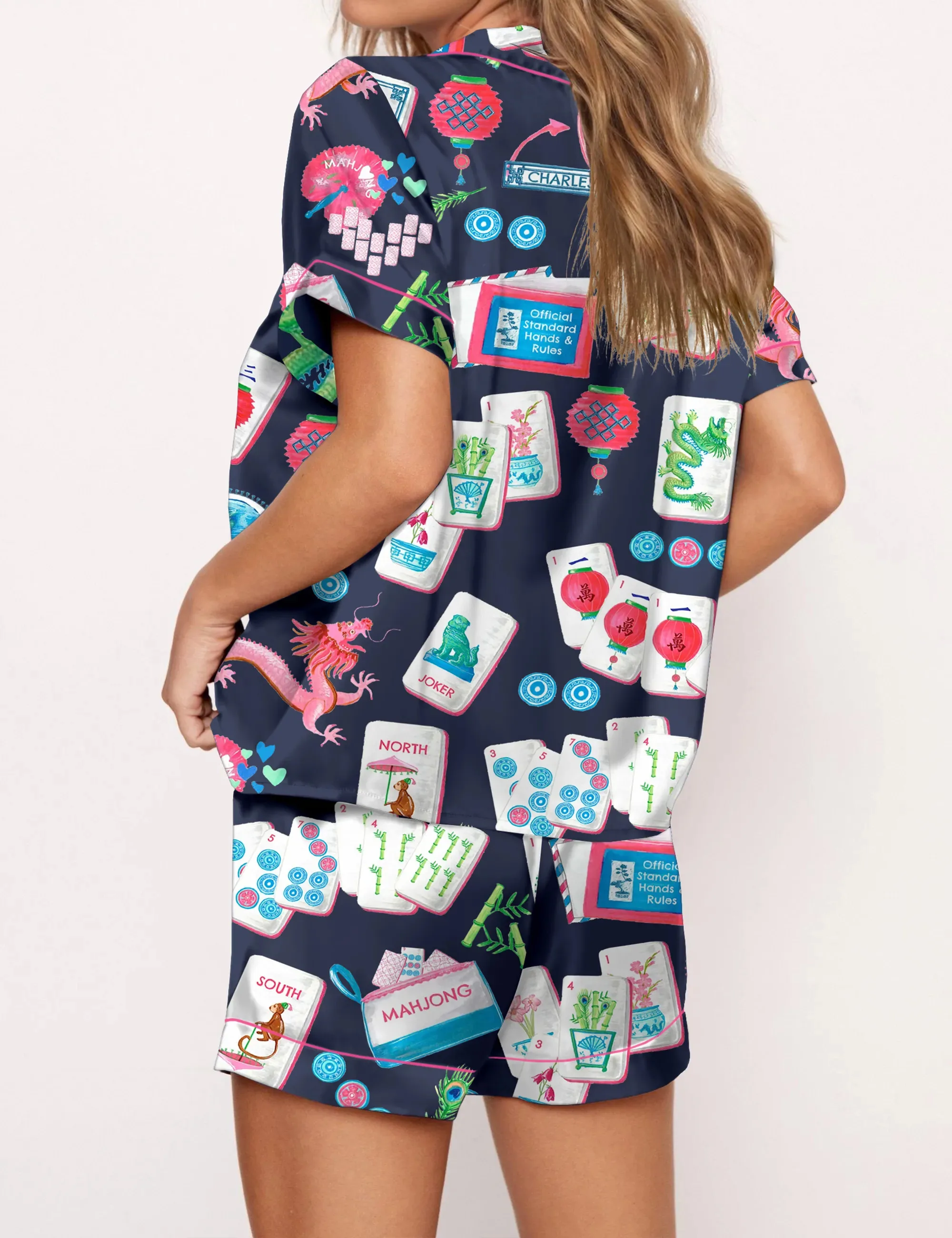 Chinoiserie Mahjong Satin Pajama Set For Women