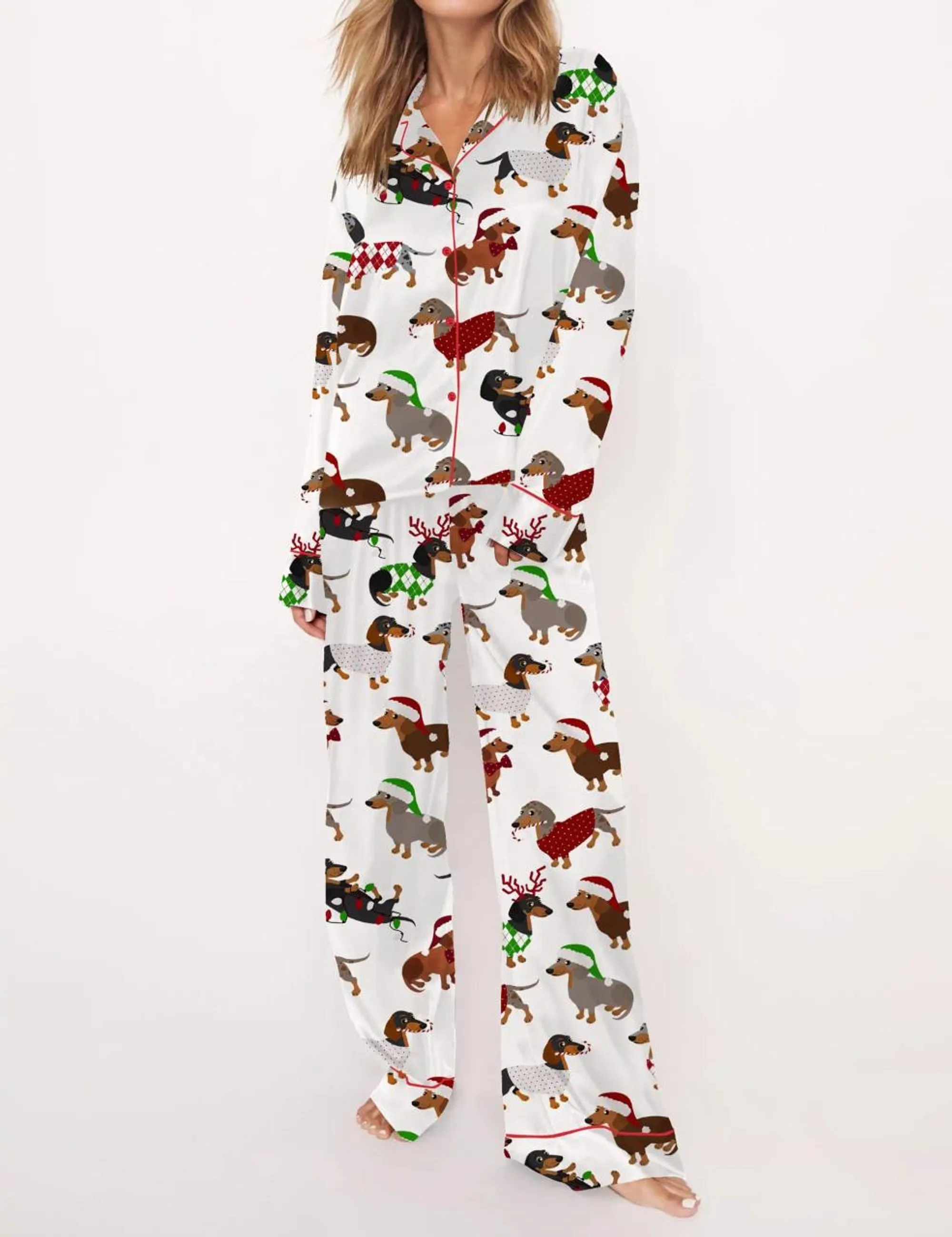 Christmas Dachshund Silk Satin Pajama Set For Women