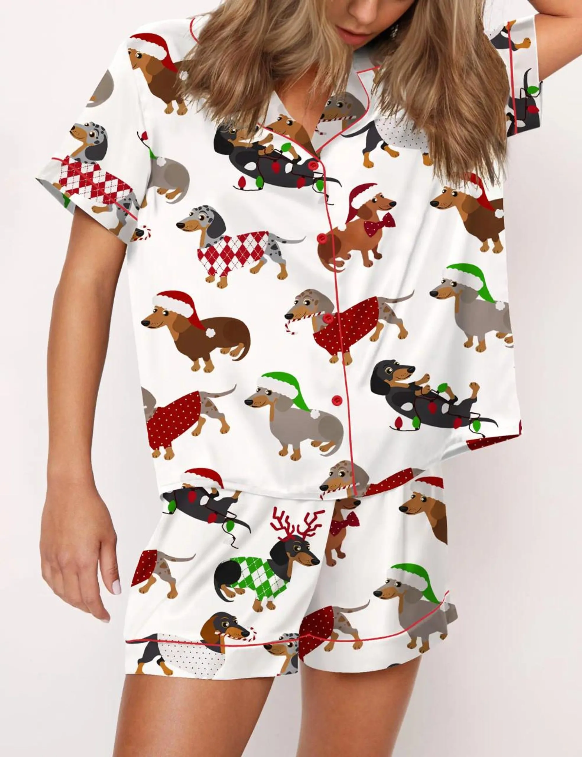 Christmas Dachshund Silk Satin Pajama Set For Women