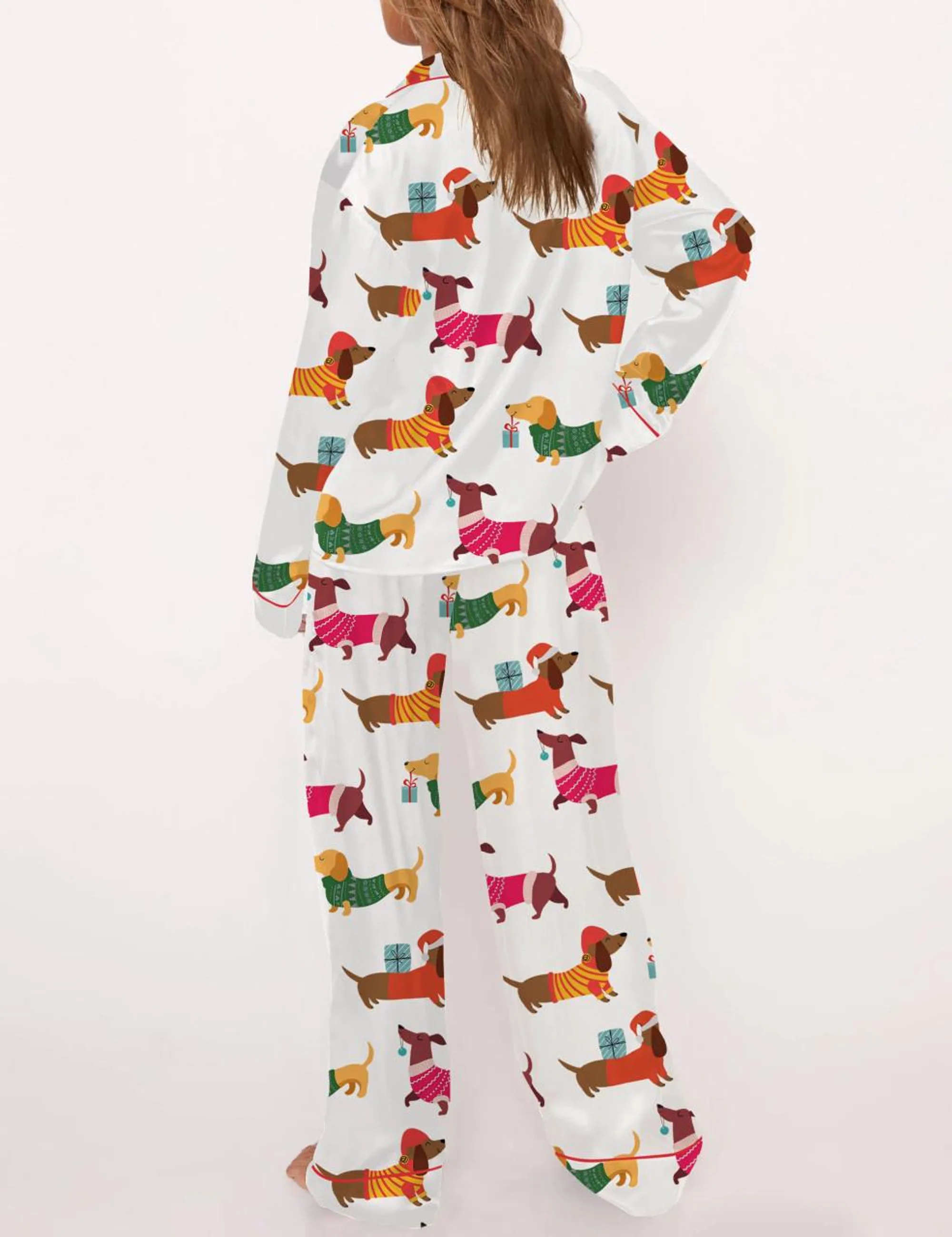 Christmas Festive Dachshund Silk Satin Pajama Set For Women
