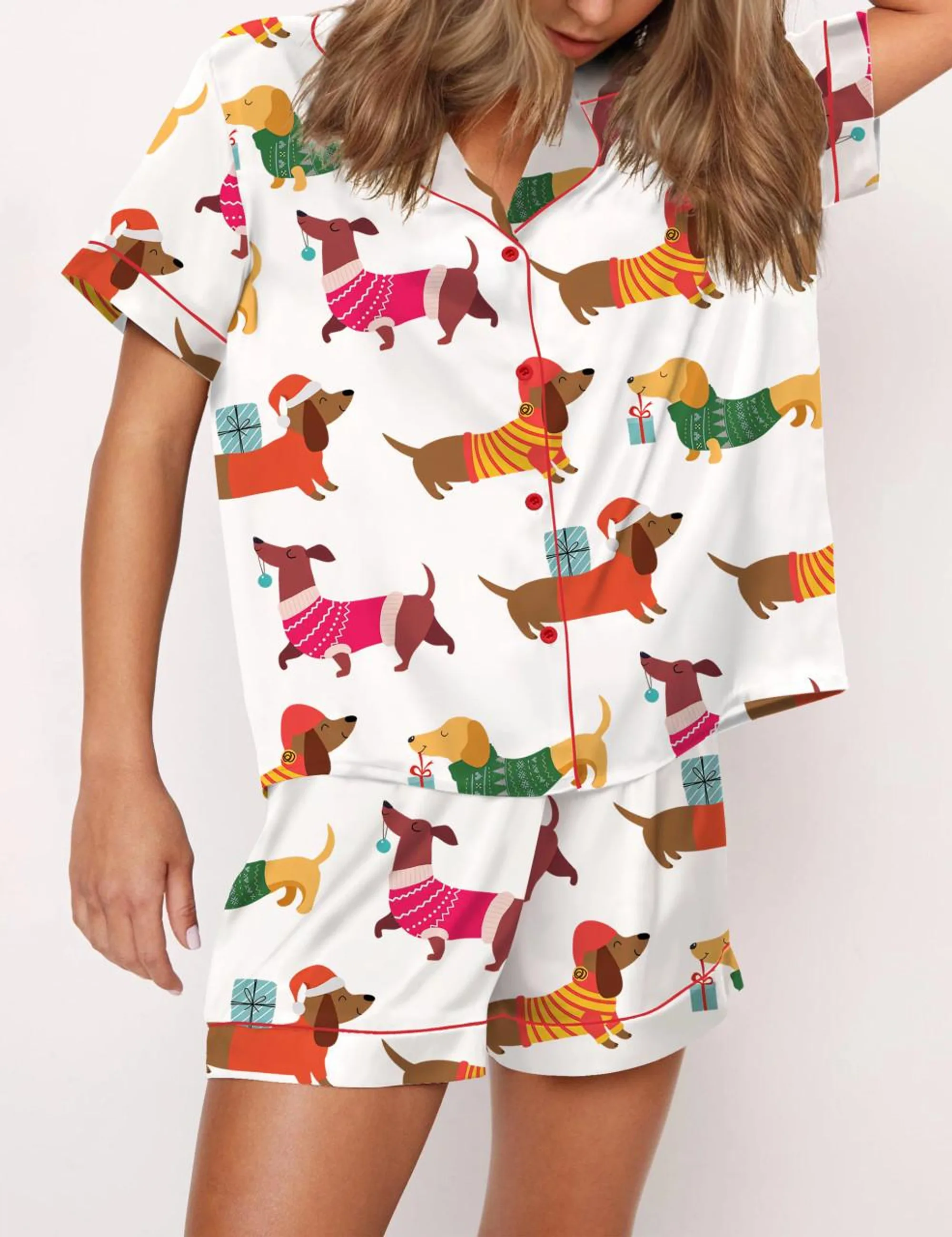 Christmas Festive Dachshund Silk Satin Pajama Set For Women