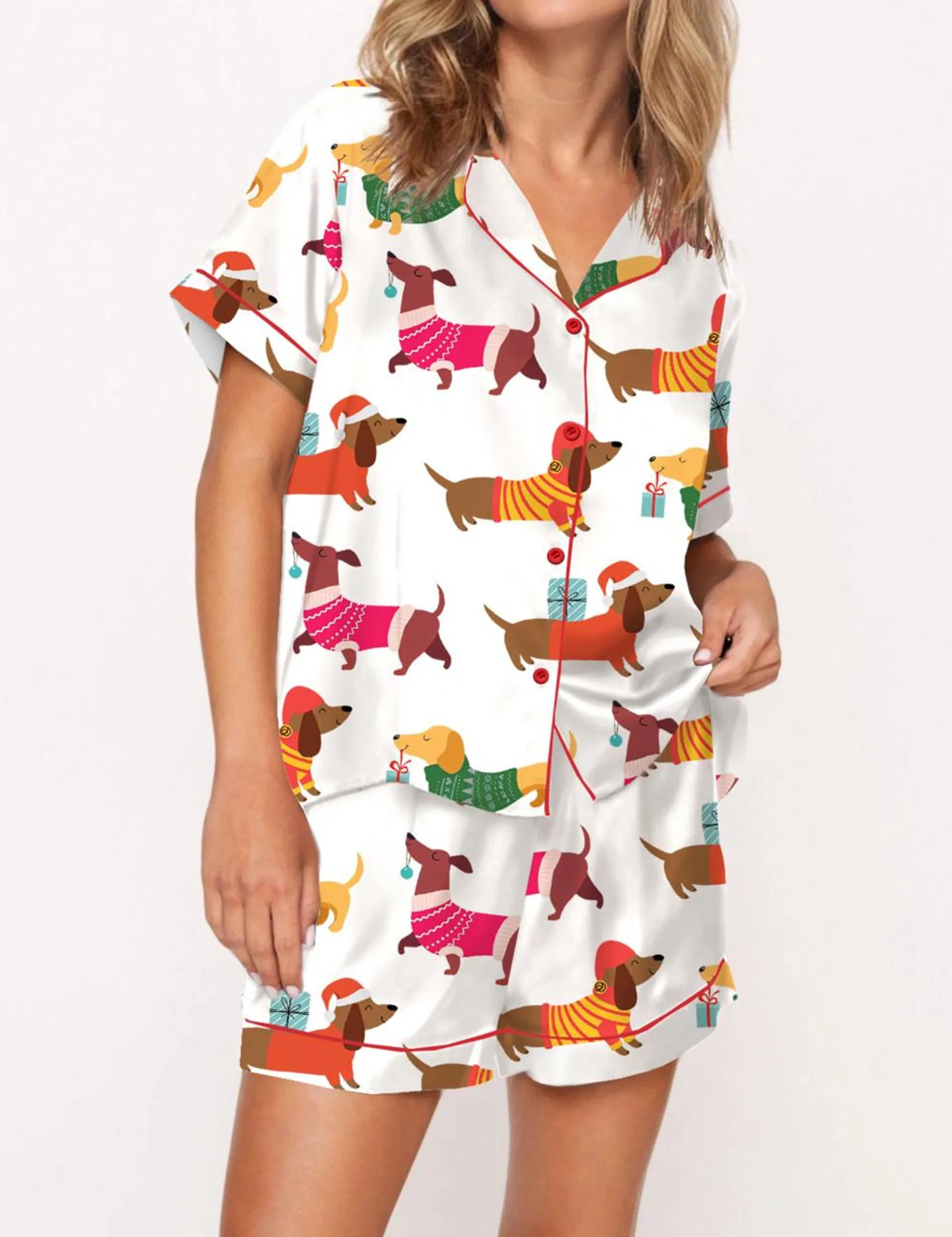 Christmas Festive Dachshund Silk Satin Pajama Set For Women
