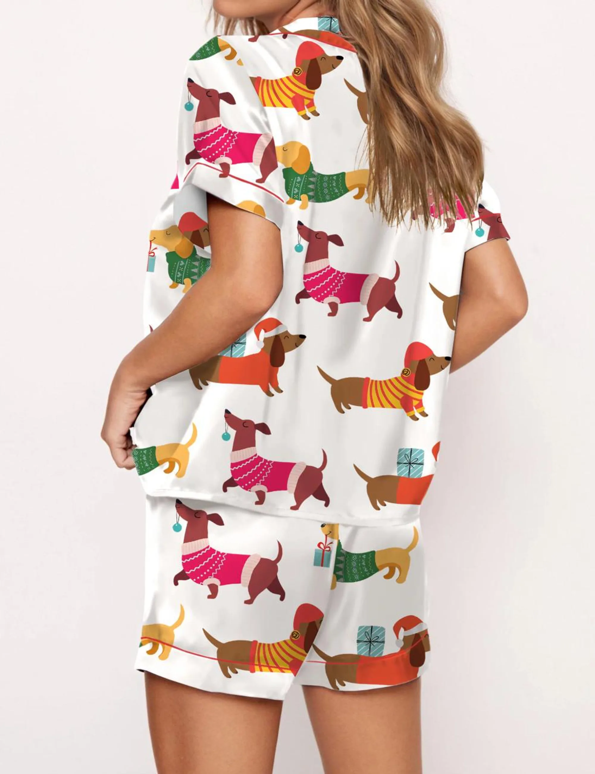 Christmas Festive Dachshund Silk Satin Pajama Set For Women