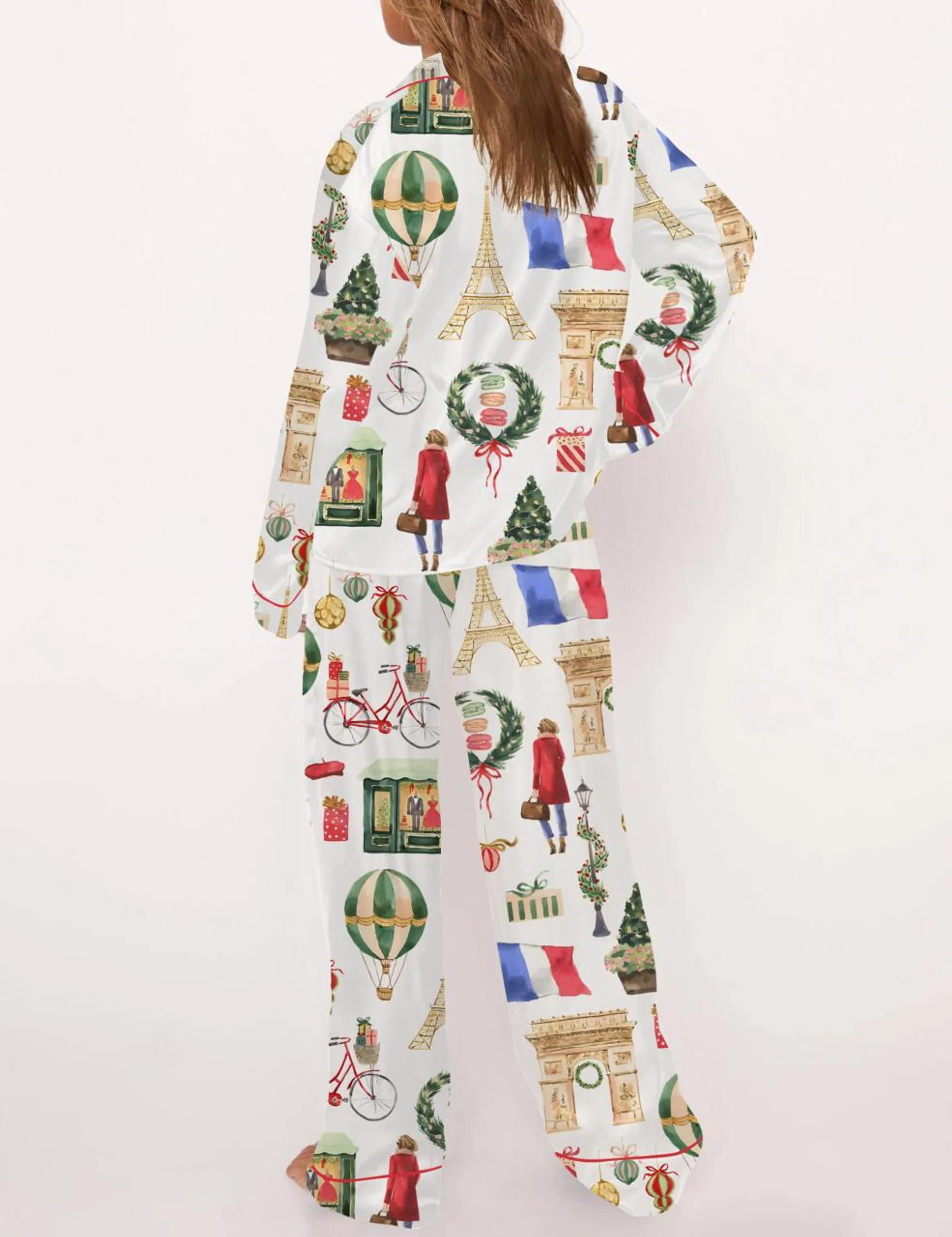 Christmas Paris Silk Satin Pajama Set For Women