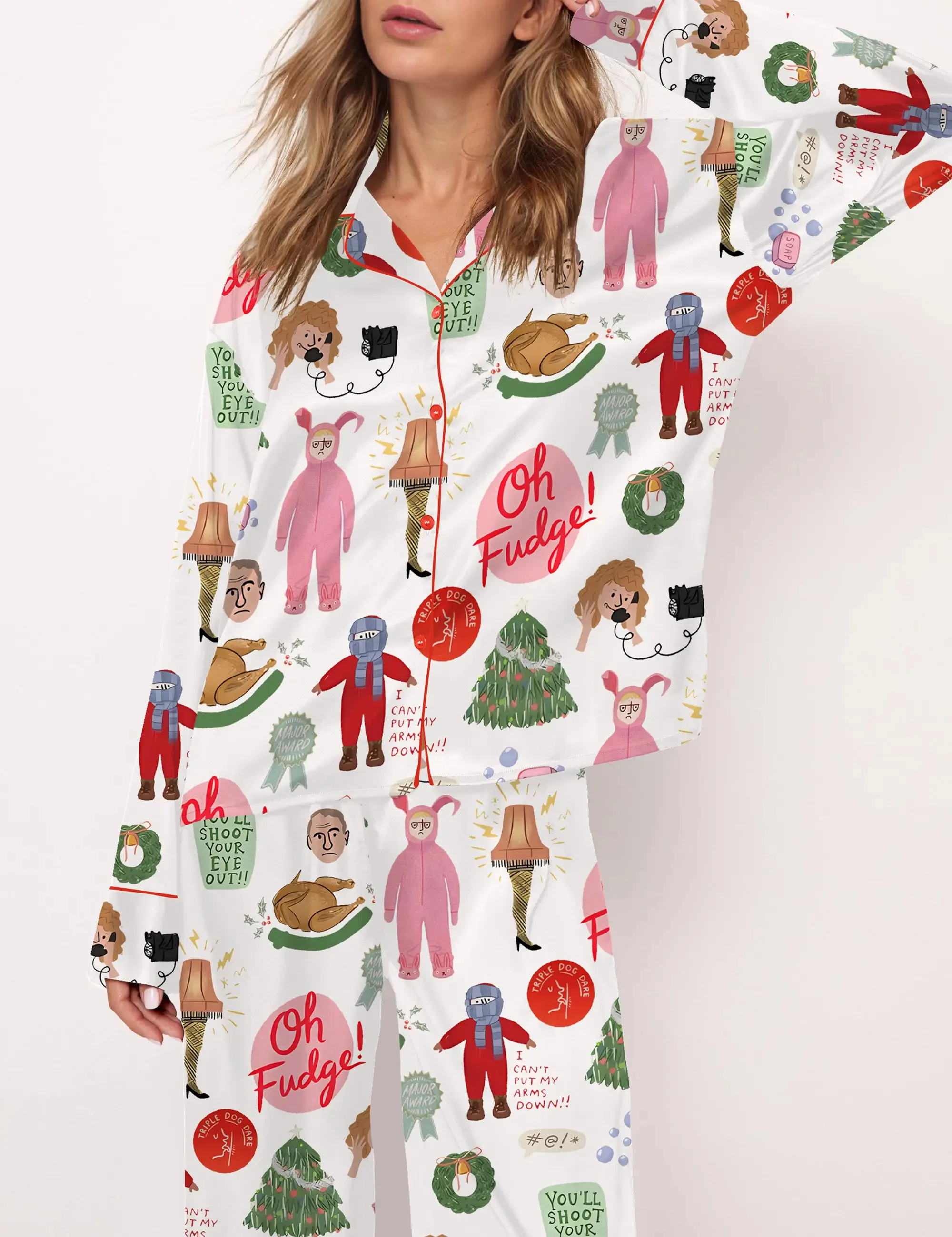 Christmas Story Silk Satin Pajama Set For Women