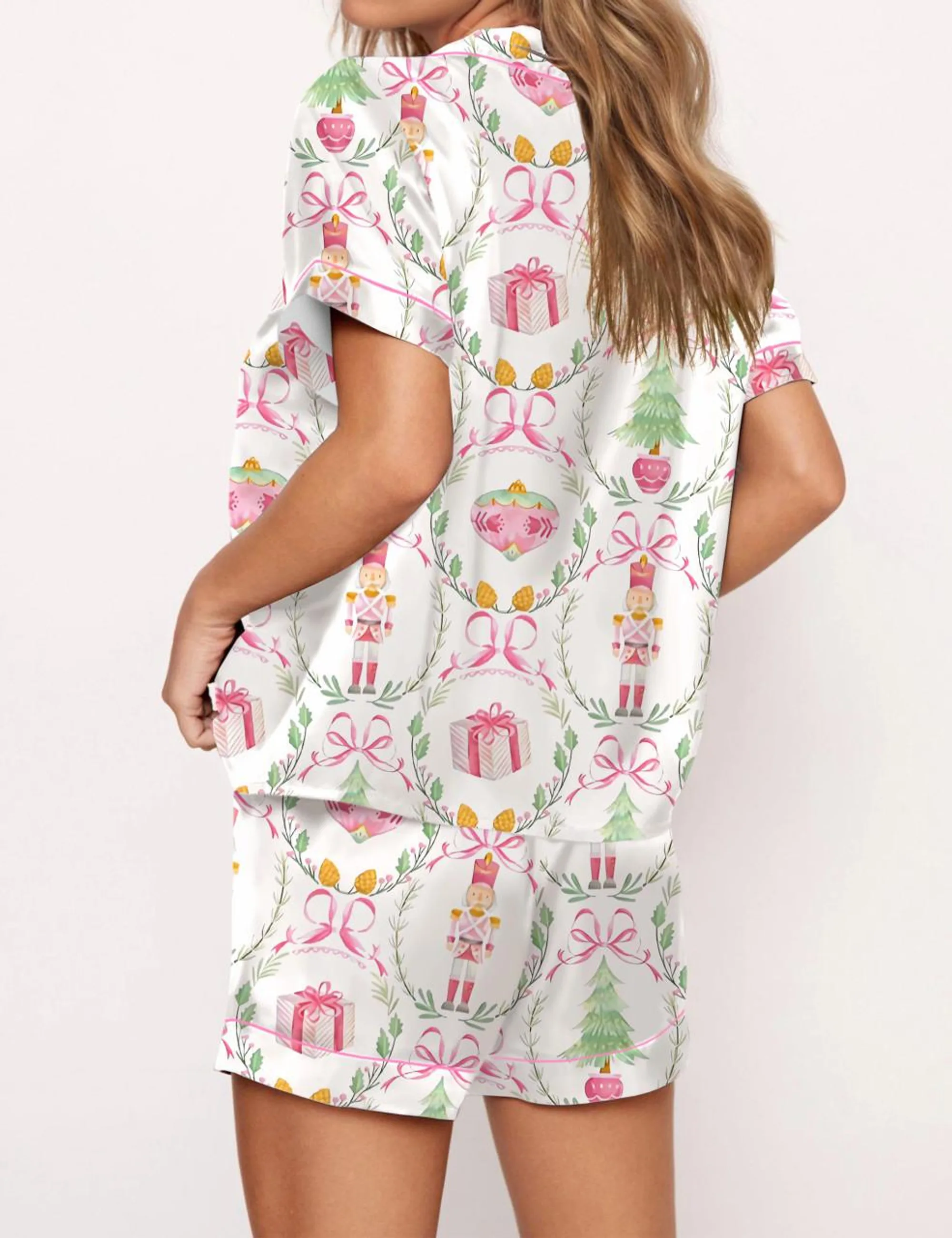 Christmas Wreath Nutcracker Silk Satin Pajama Set For Women