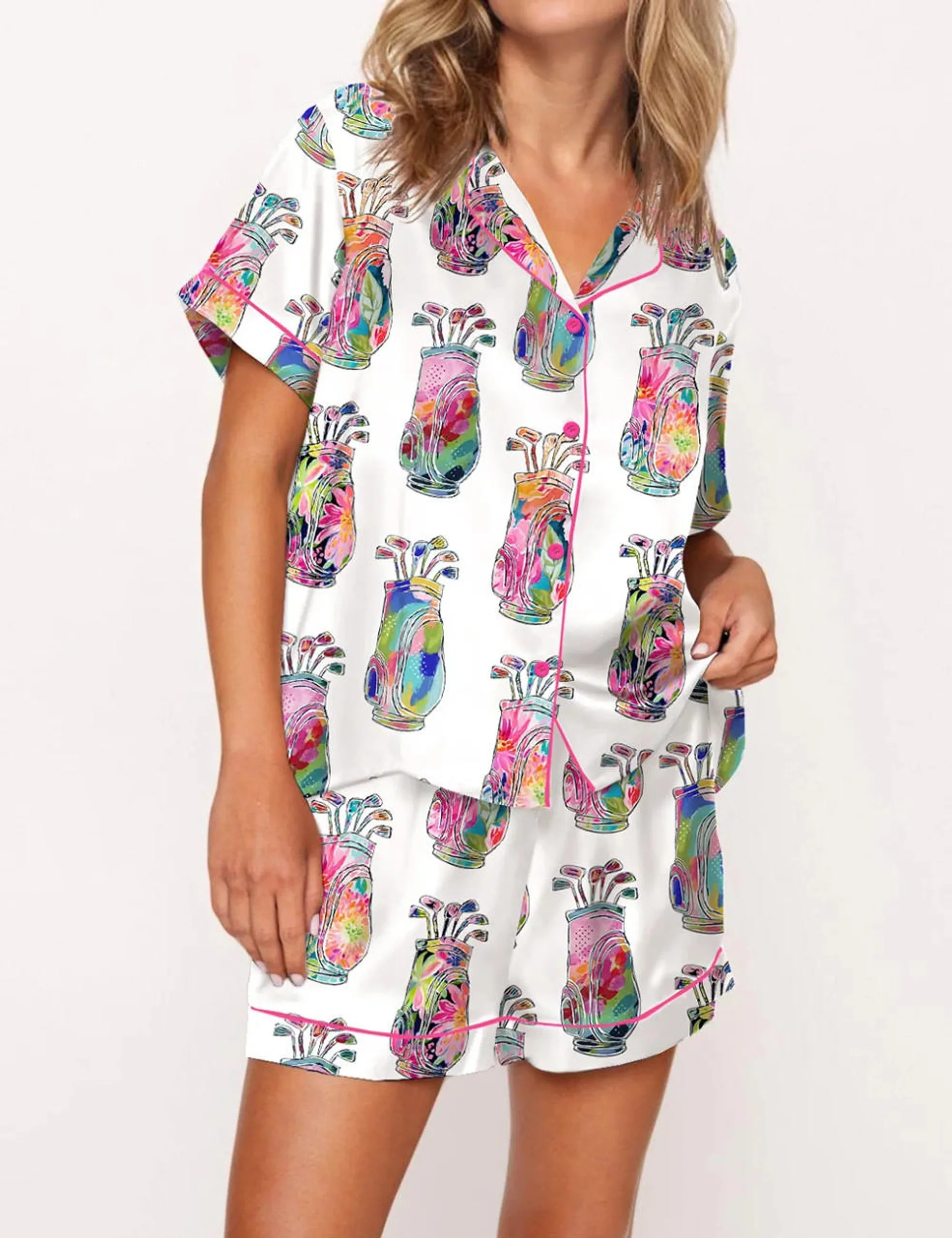 Colorful Abstract Golf Bag Silk Satin Pajama Set