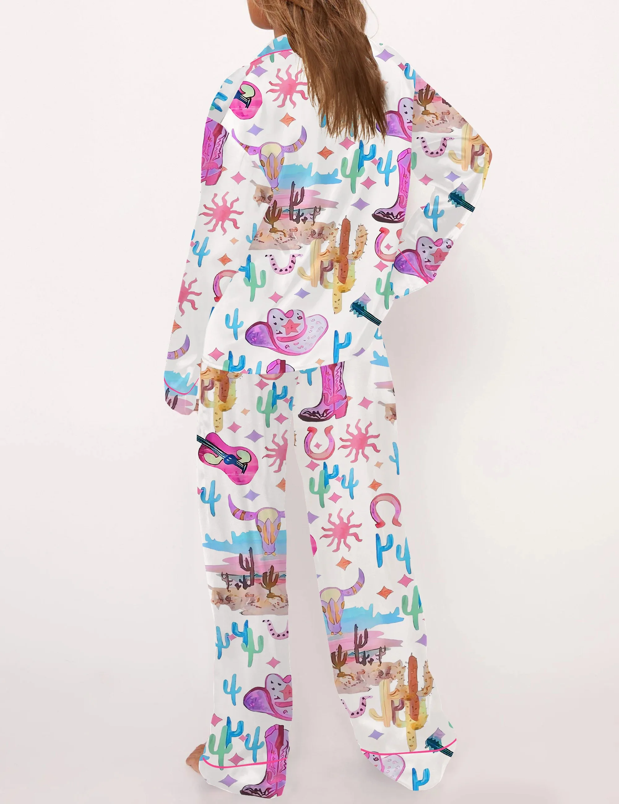 Colorful Cowgirl Silk Satin Pajama Set For Women