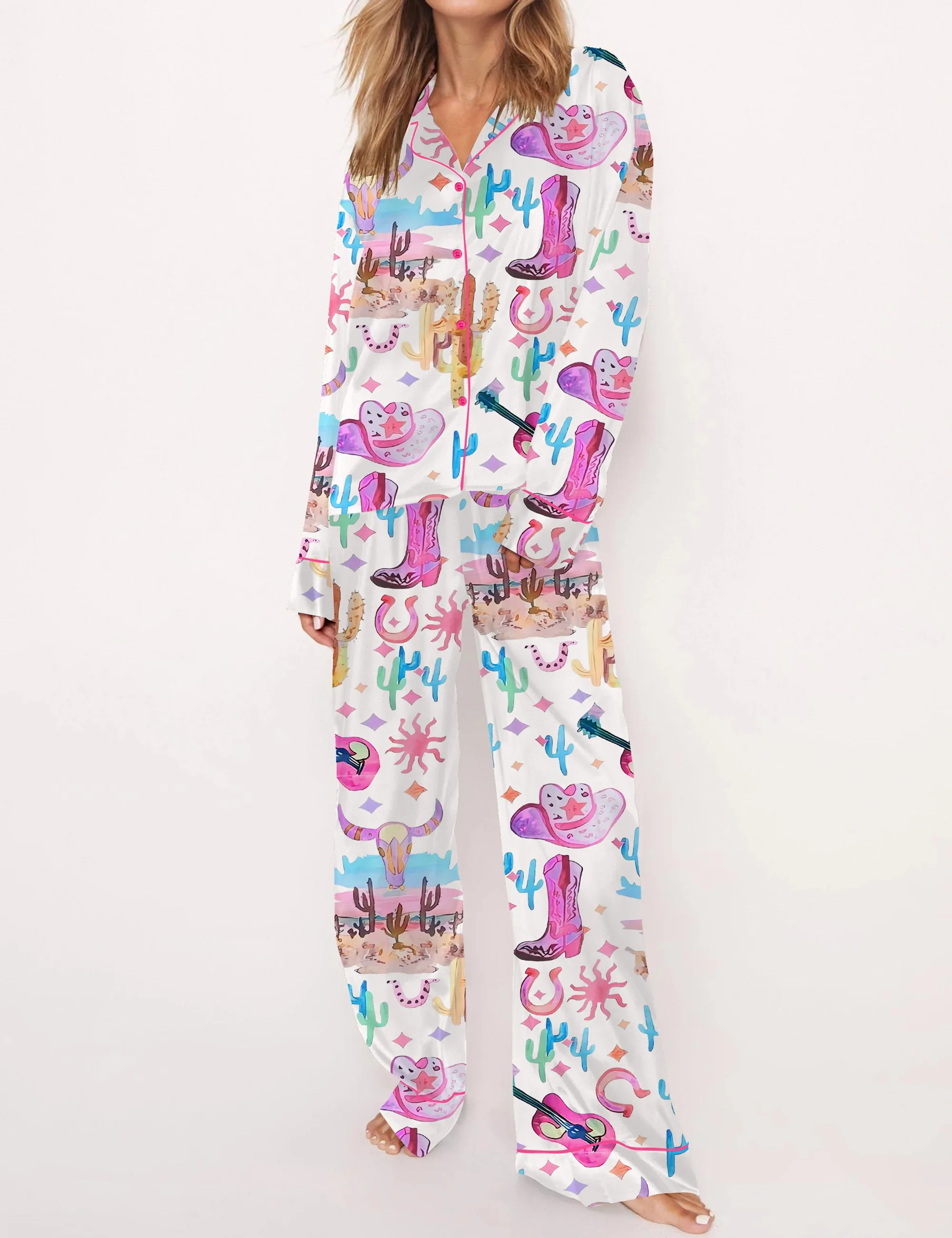 Colorful Cowgirl Silk Satin Pajama Set For Women