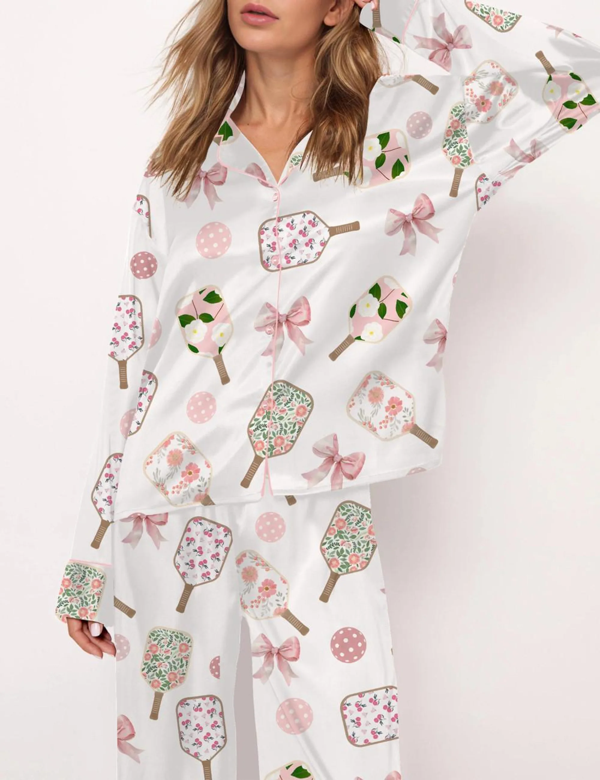 Coquette Pickleball Silk Satin Pajama Set For Women