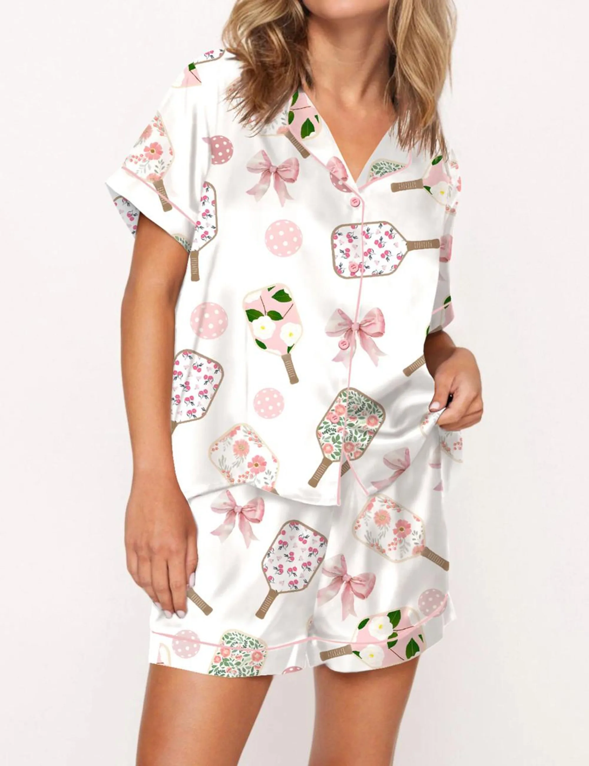 Coquette Pickleball Silk Satin Pajama Set For Women