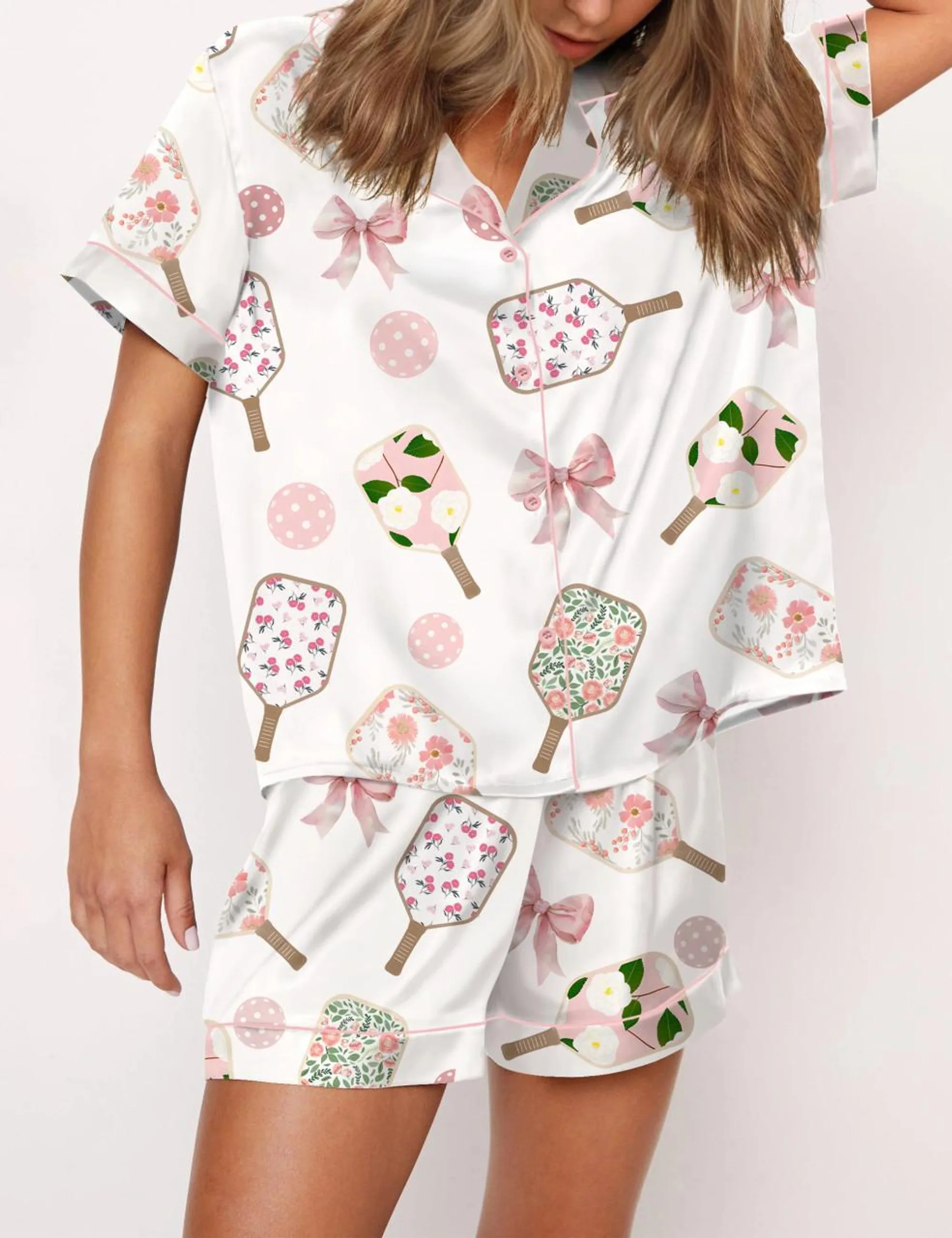 Coquette Pickleball Silk Satin Pajama Set For Women