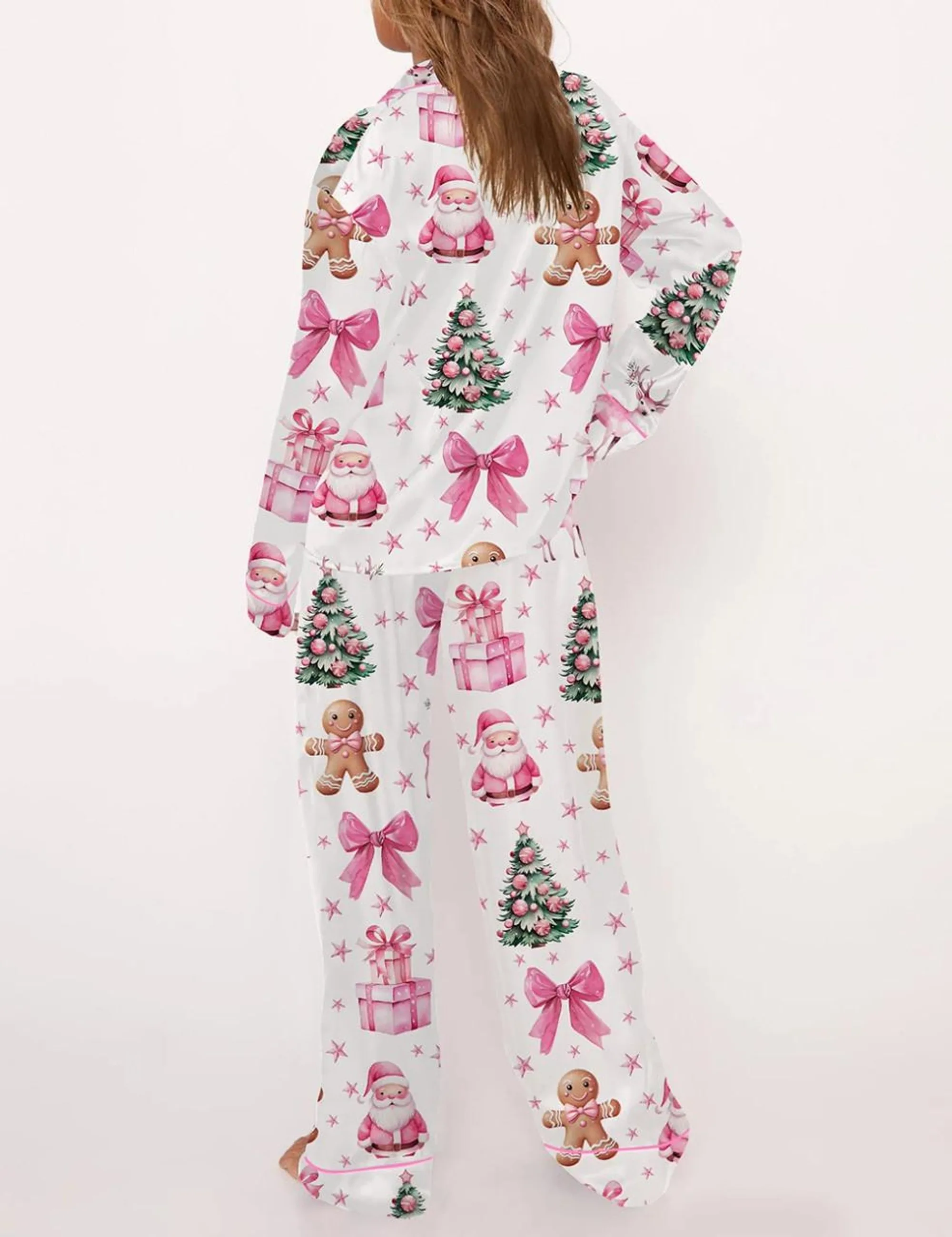 Coquette Pink Christmas Silk Satin Pajama Set For Women