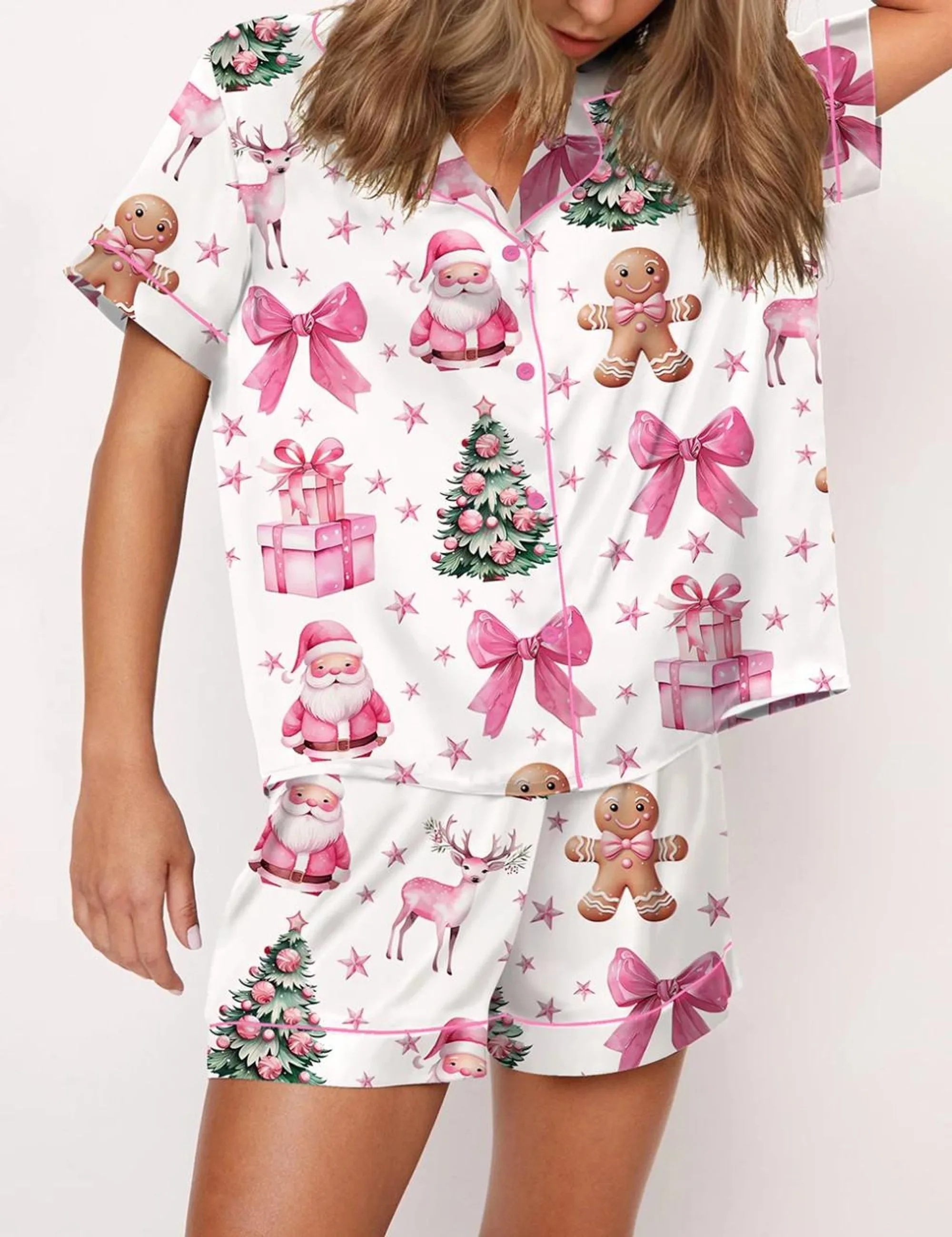 Coquette Pink Christmas Silk Satin Pajama Set For Women