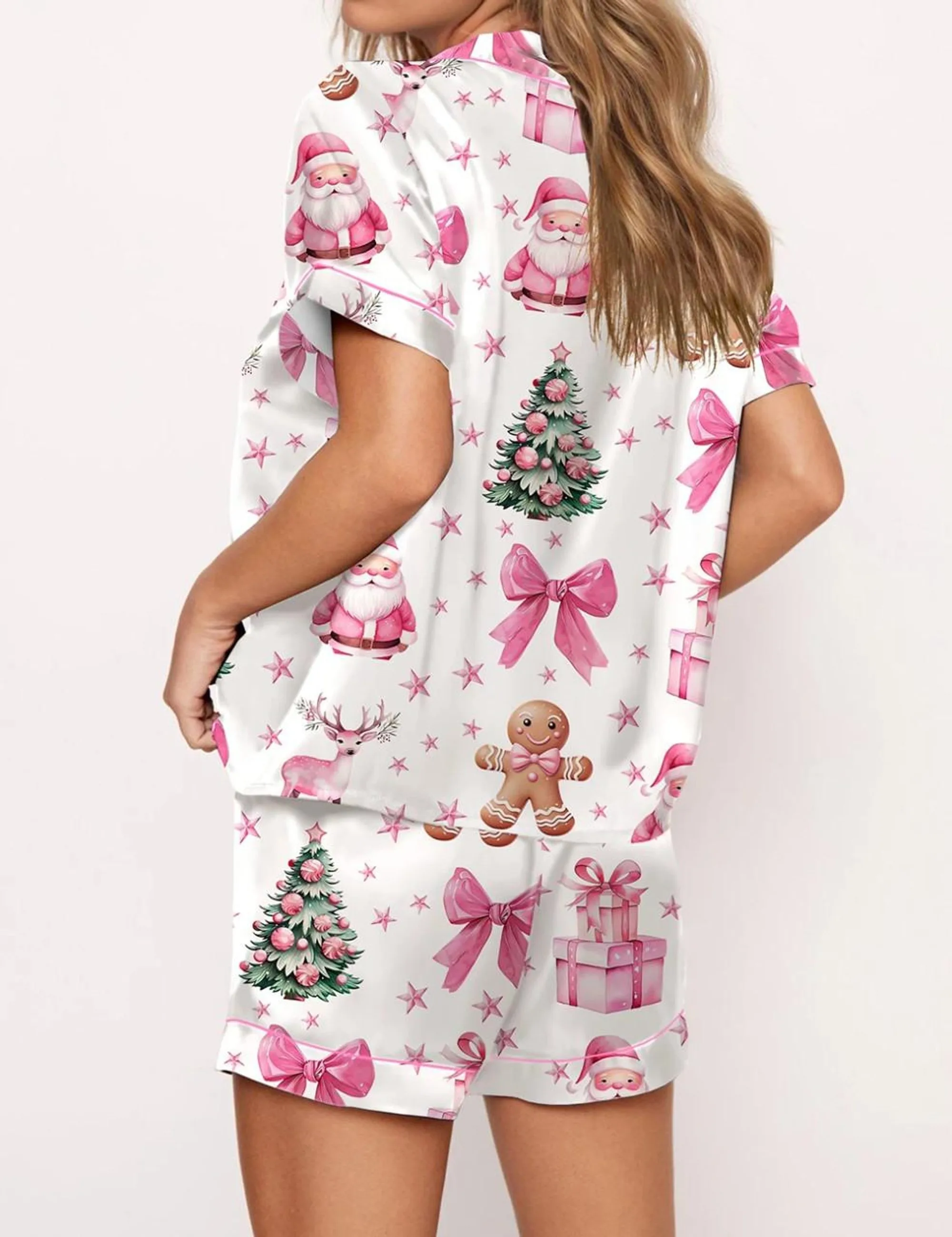 Coquette Pink Christmas Silk Satin Pajama Set For Women