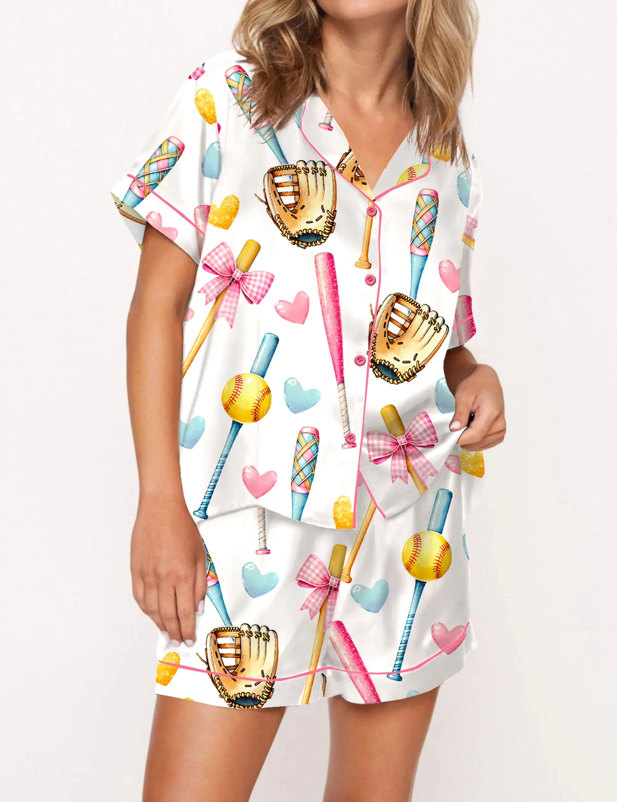 Coquette Softball Silk Satin Pajama Set For Women