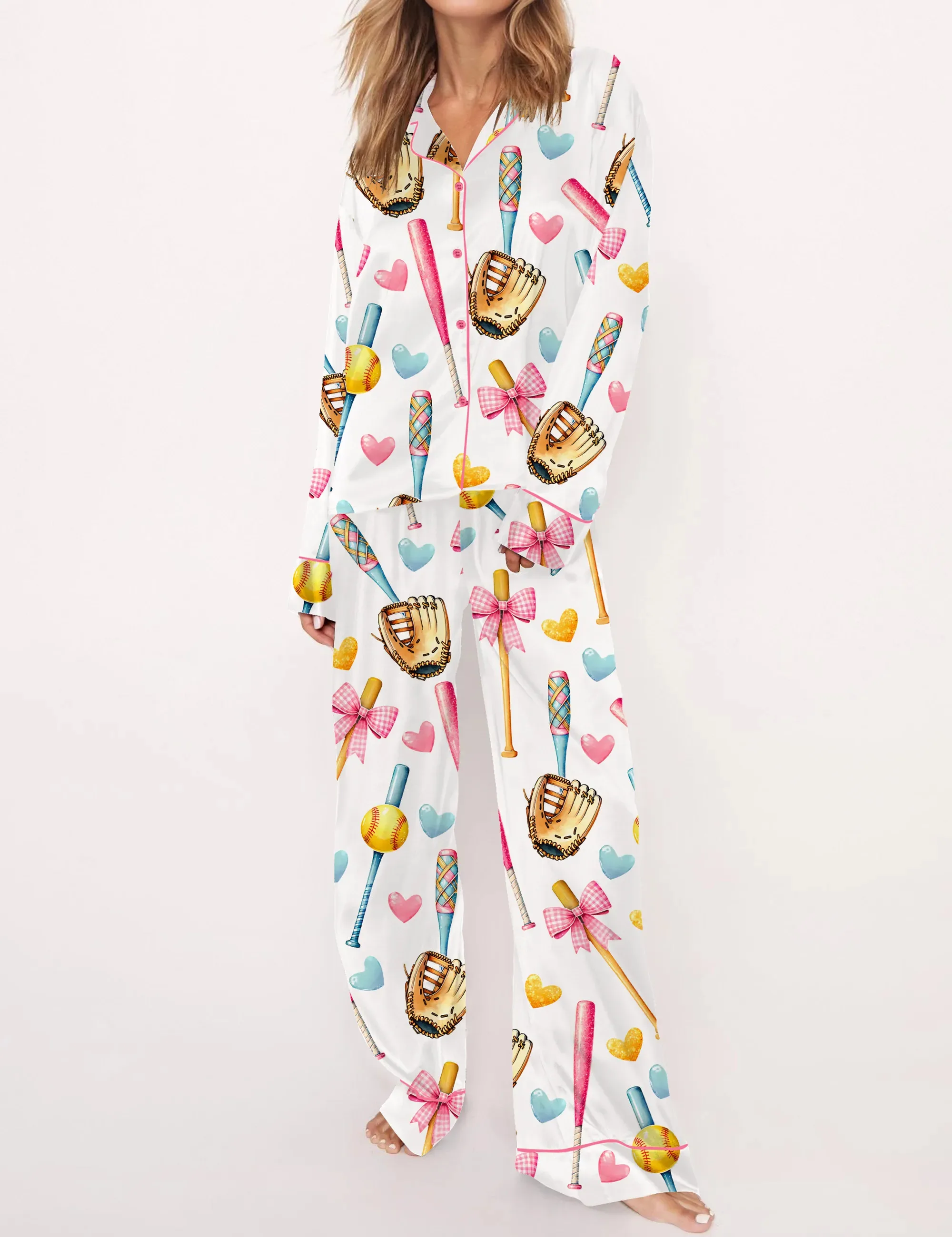Coquette Softball Silk Satin Pajama Set For Women