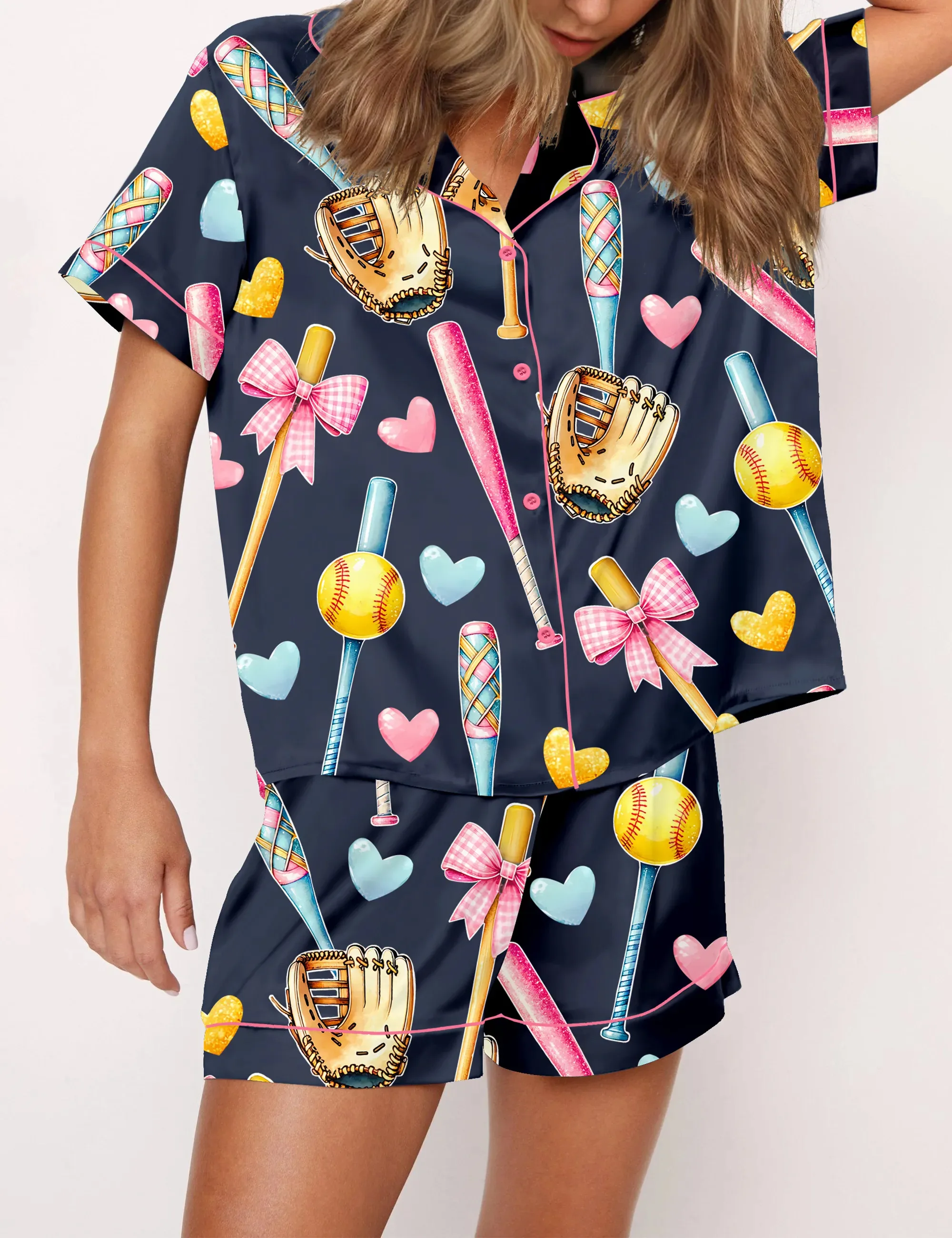 Coquette Softball Silk Satin Pajama Set For Women