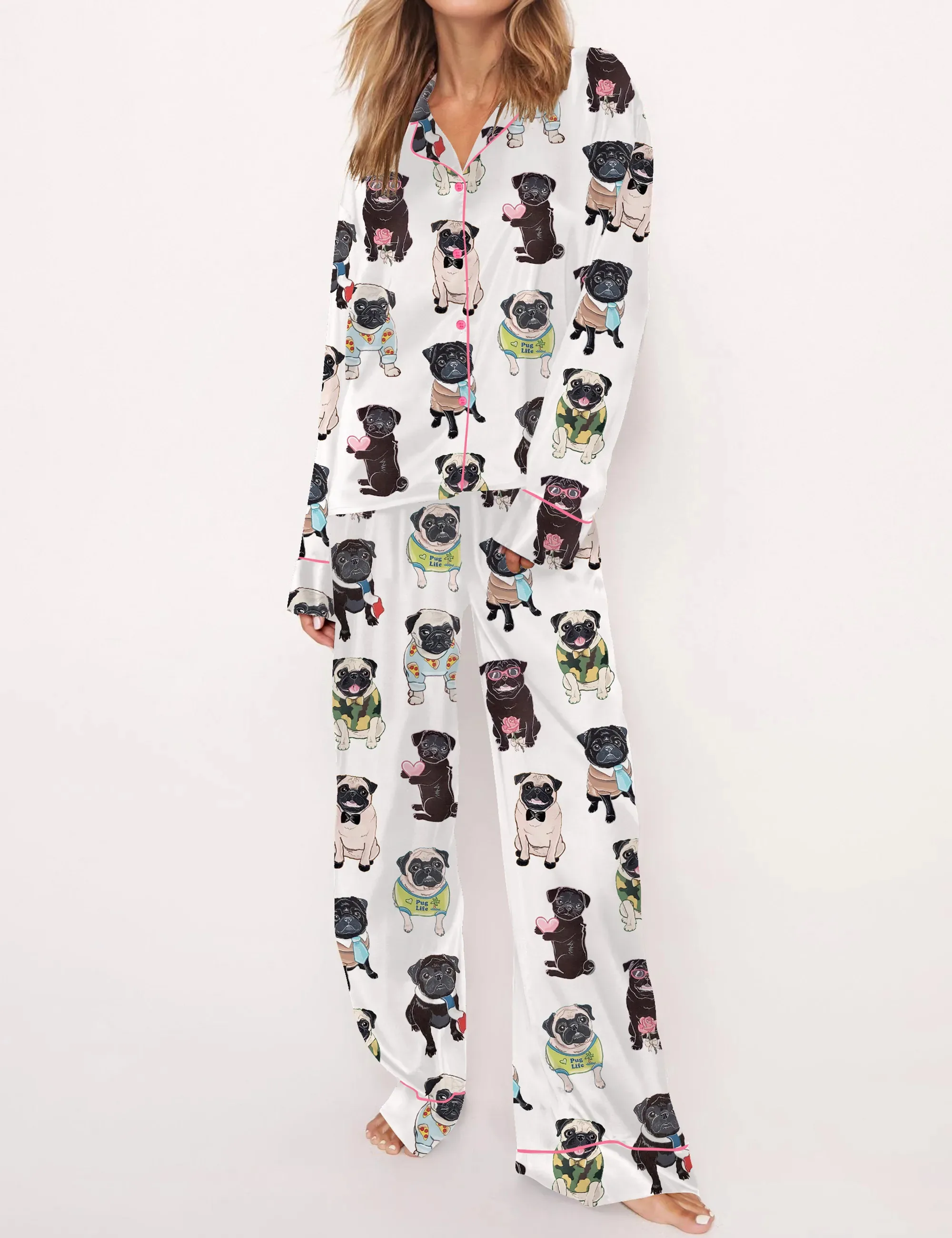 Cute Pug Silk Satin Pajama Set For Women