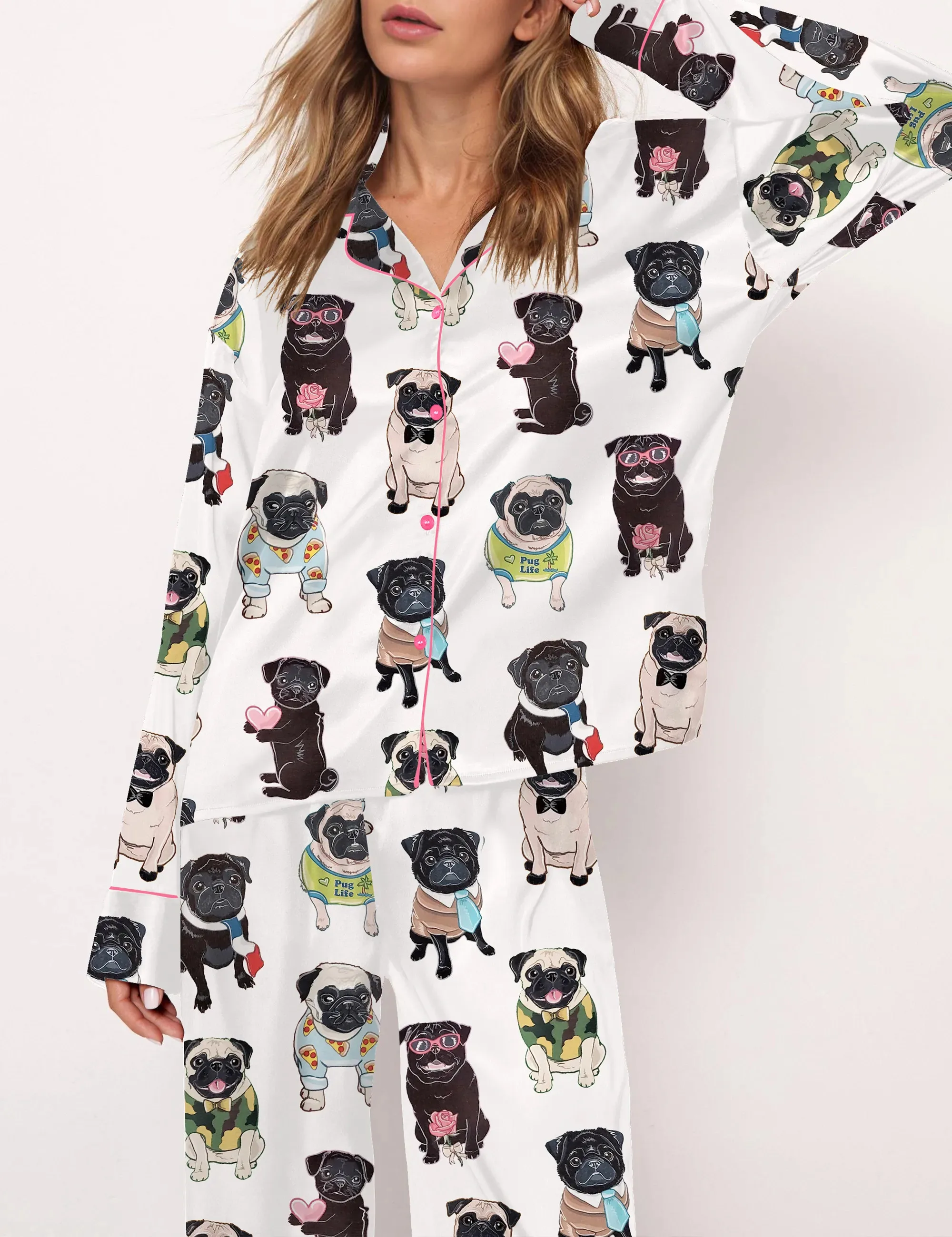 Cute Pug Silk Satin Pajama Set For Women