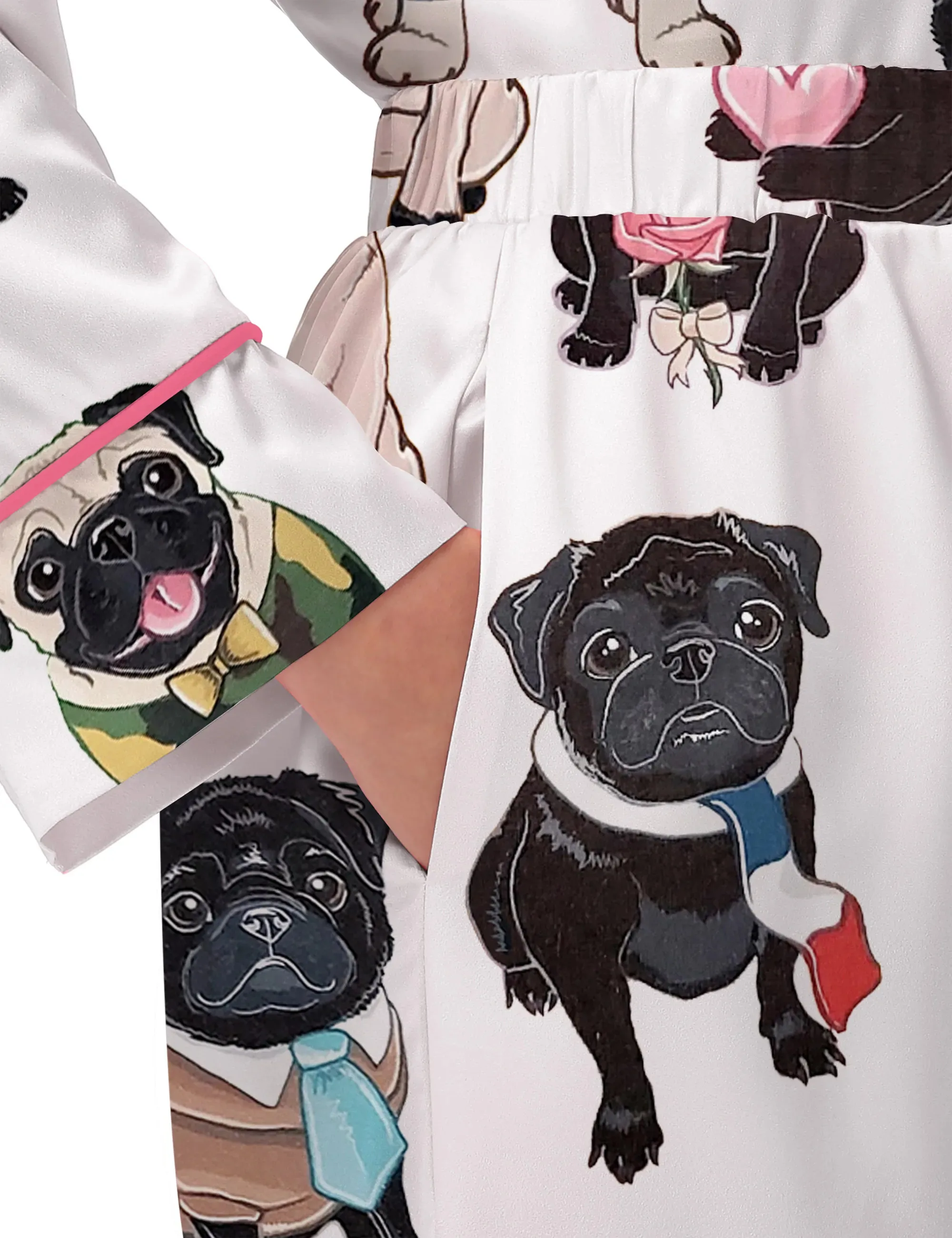 Cute Pug Silk Satin Pajama Set For Women