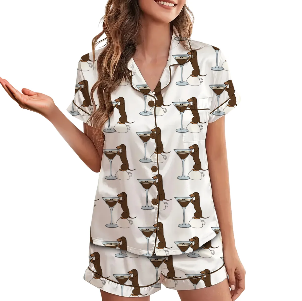 Dachshund Espresso Martini Pajama Set For Women