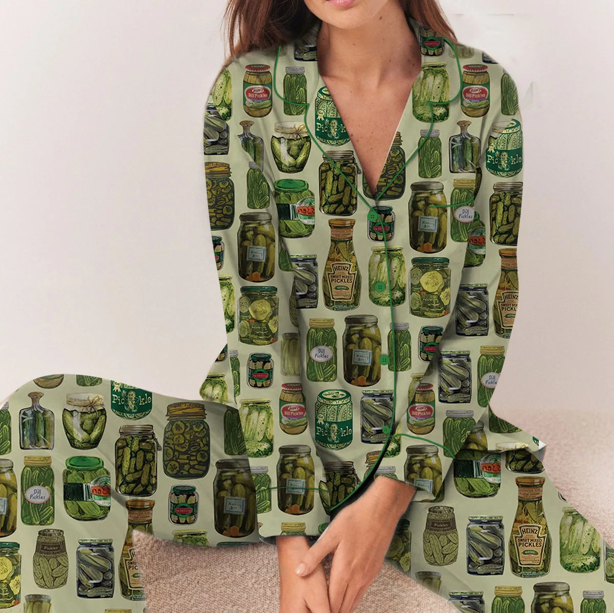 Dill Pickle Collage Satin Pajama Set For Women