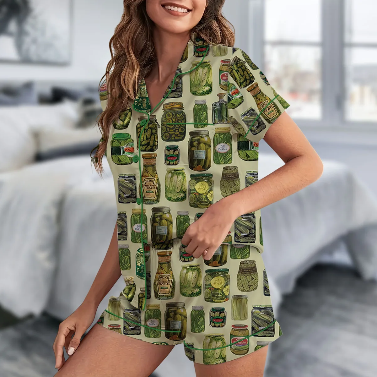Dill Pickle Collage Satin Pajama Set For Women