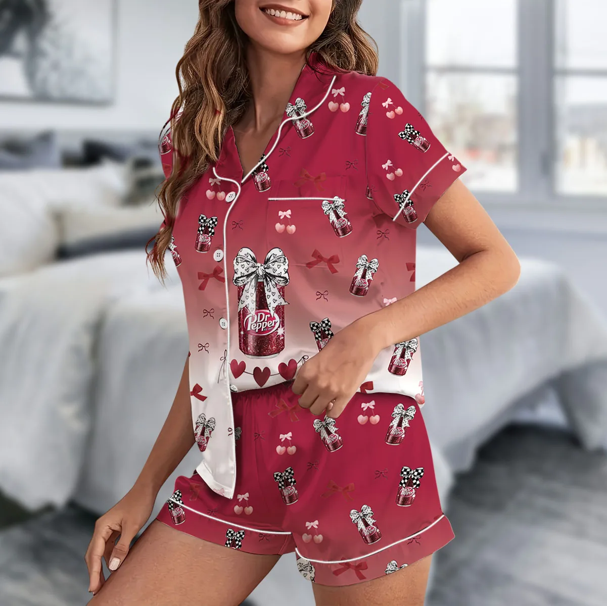 Dr Pepper And Cherry Satin Pajamas Set For Women