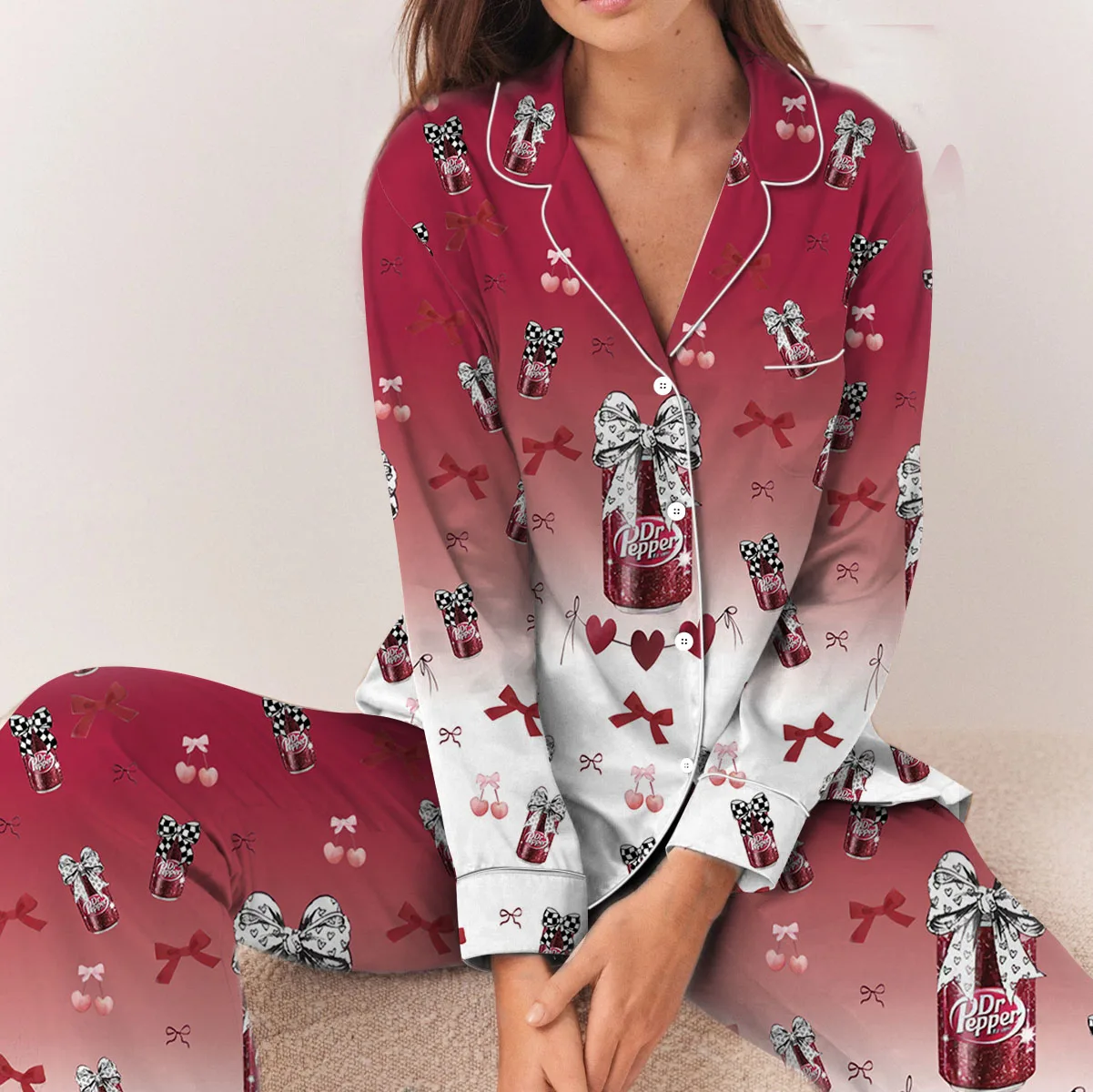 Dr Pepper And Cherry Satin Pajamas Set For Women