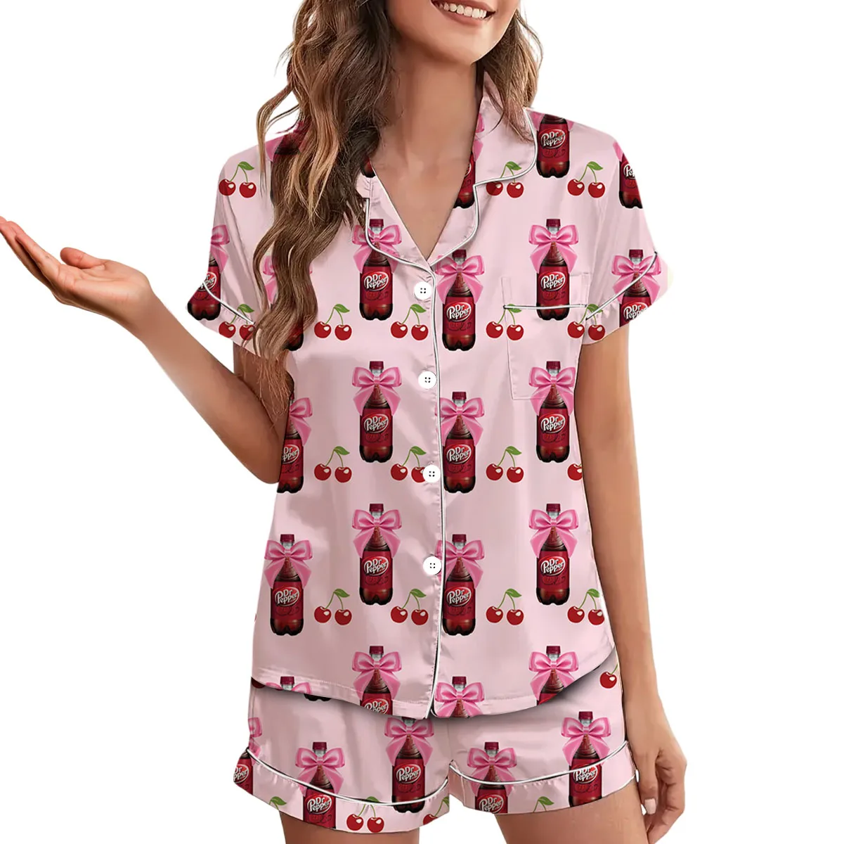 Dr Pepper Coquette With Cherries Satin Pajamas Set