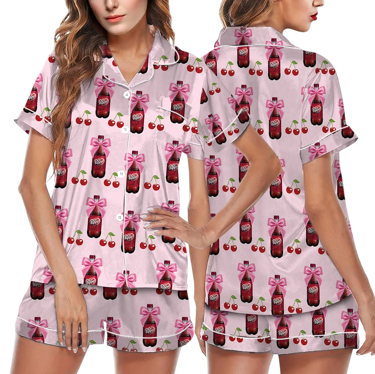 Dr Pepper Coquette With Cherries Satin Pajamas Set