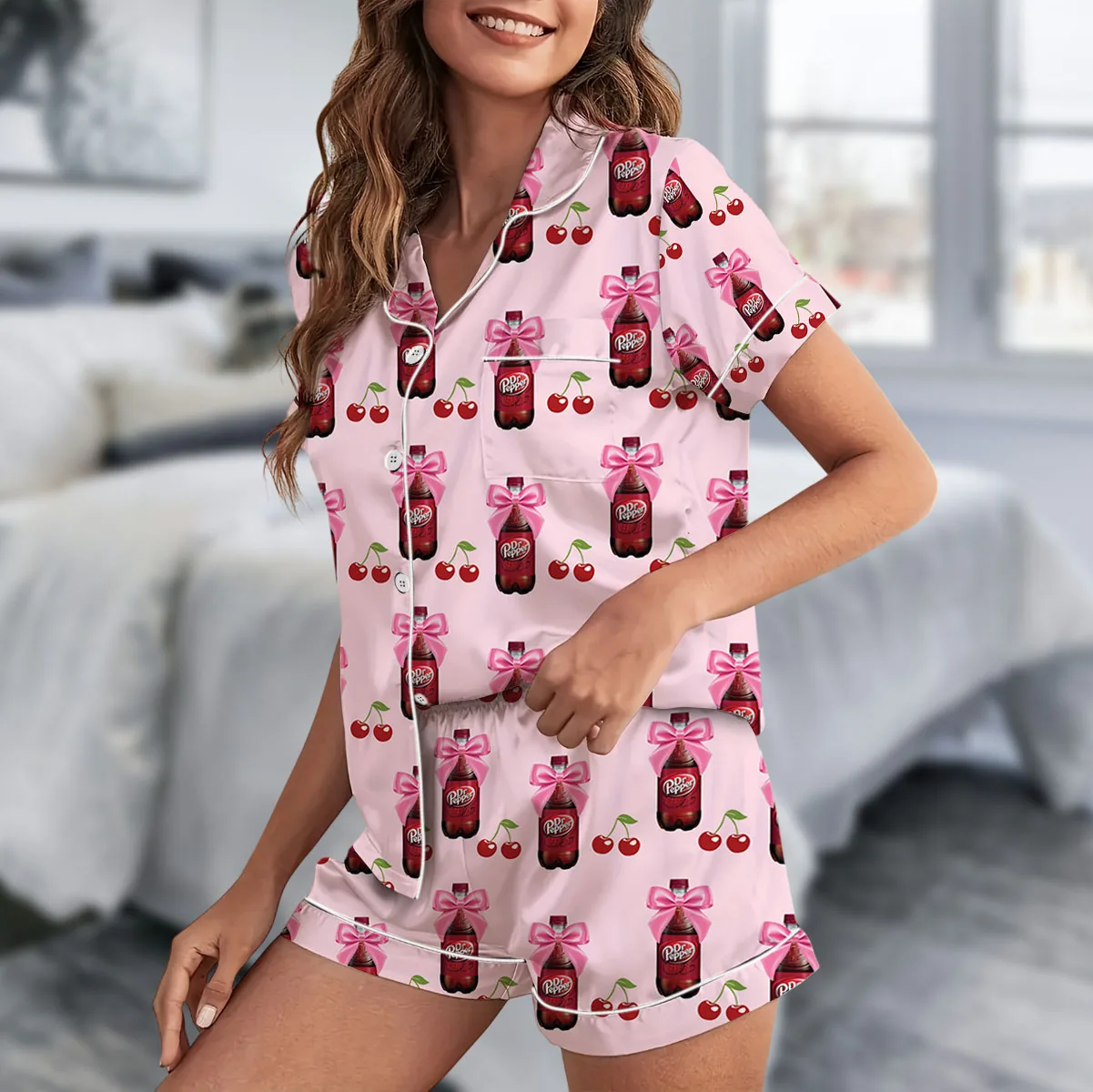 Dr Pepper Coquette With Cherries Satin Pajamas Set